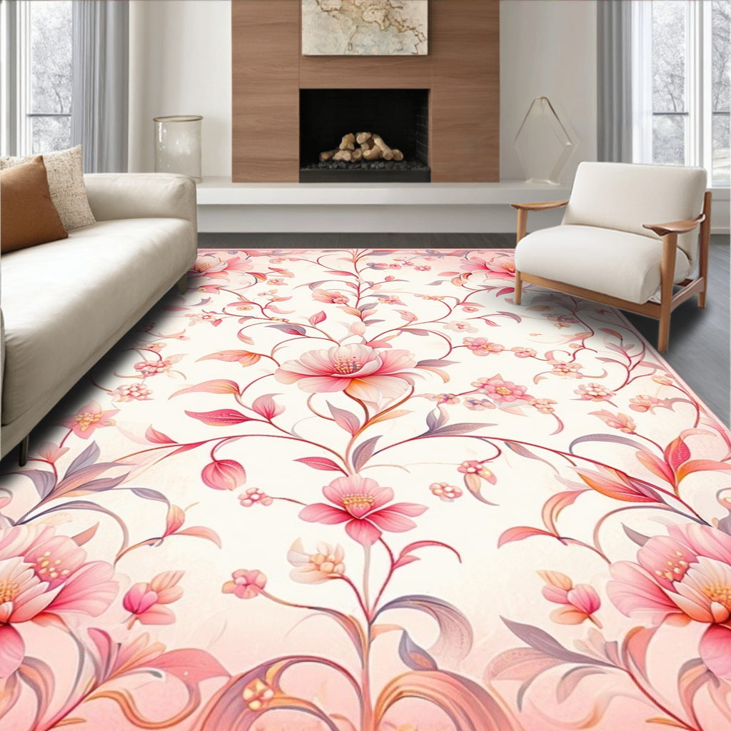 Delicate Pink Floral Vines Pattern Rug