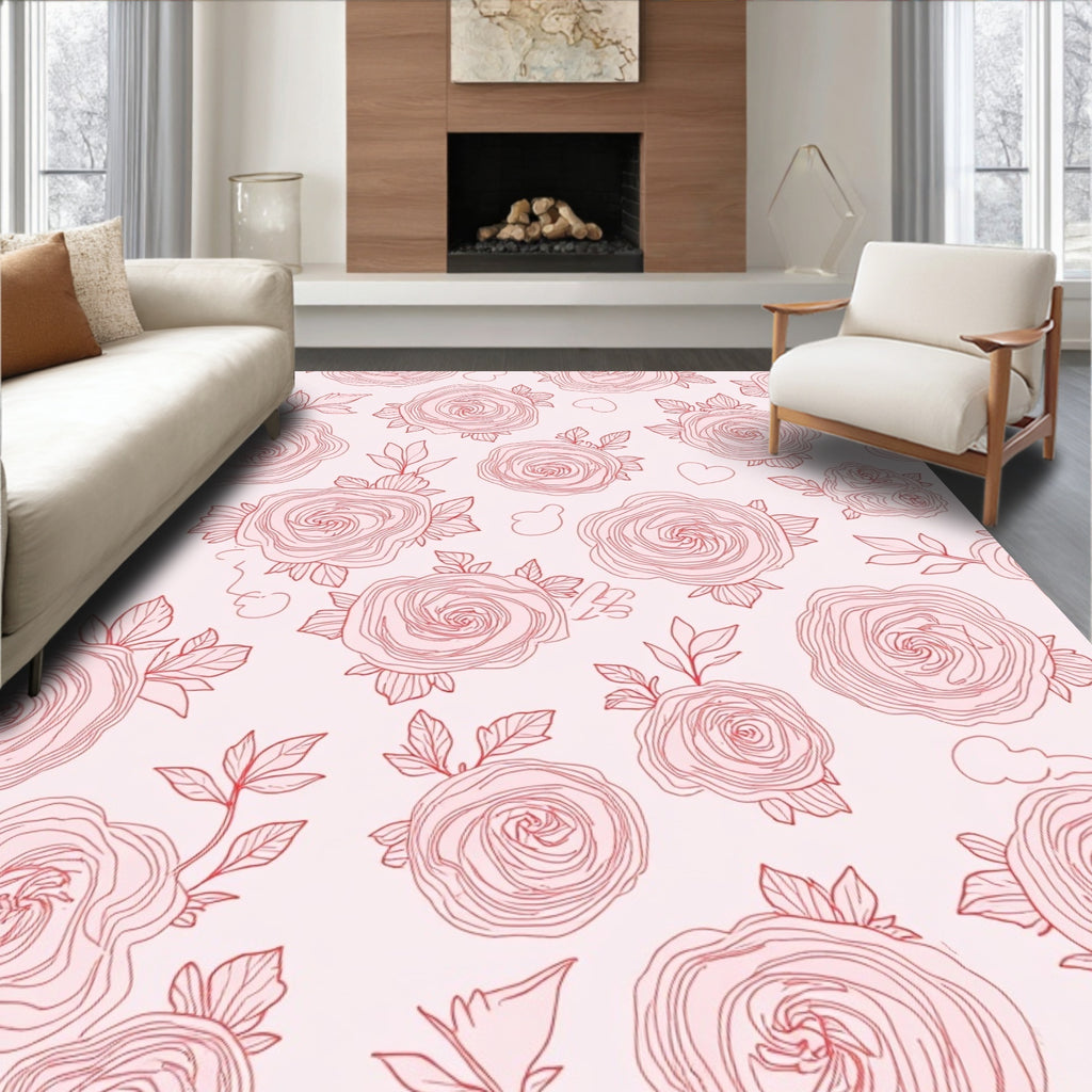 Pink Rose Sketch Pattern Rug