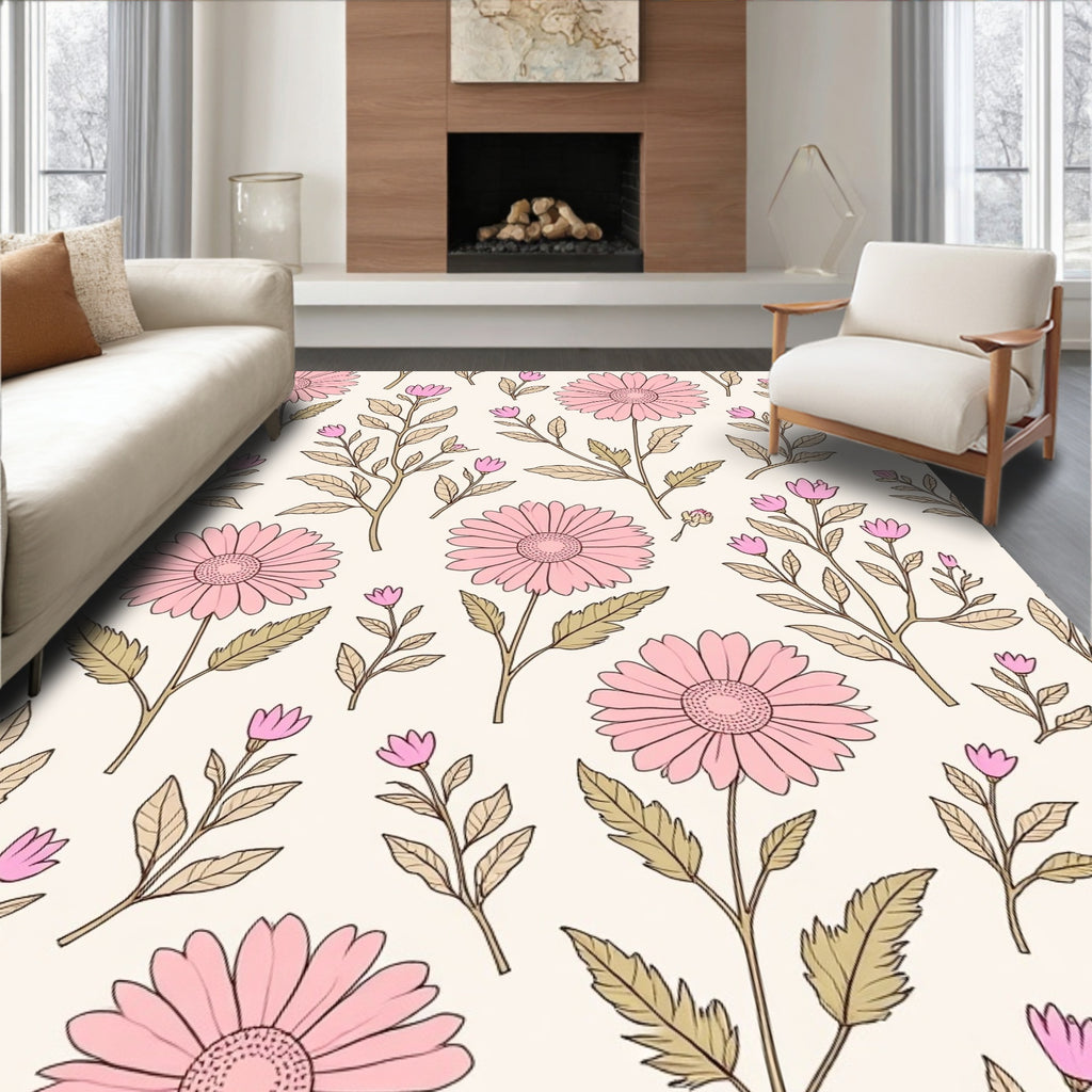 Pink Daisy Floral Botanical Pattern Rug