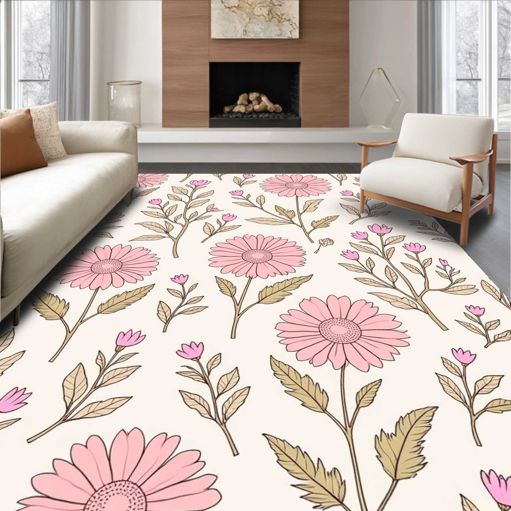 Pink Daisy Floral Botanical Pattern Rug