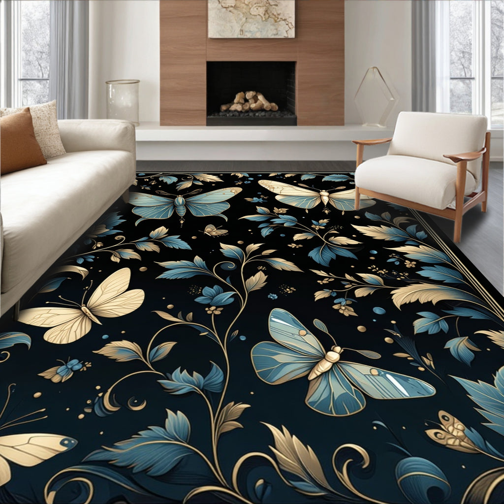 Ornate Butterfly Floral Dark Pattern Rug