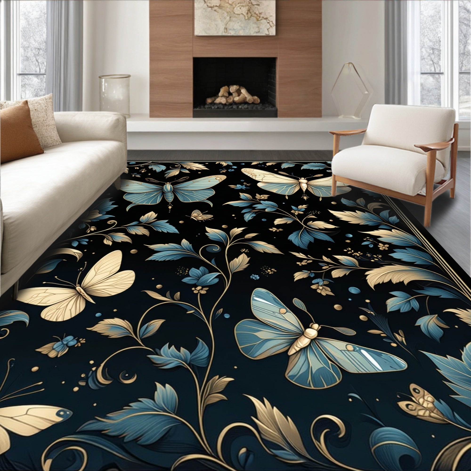 Ornate Butterfly Floral Dark Pattern Rug