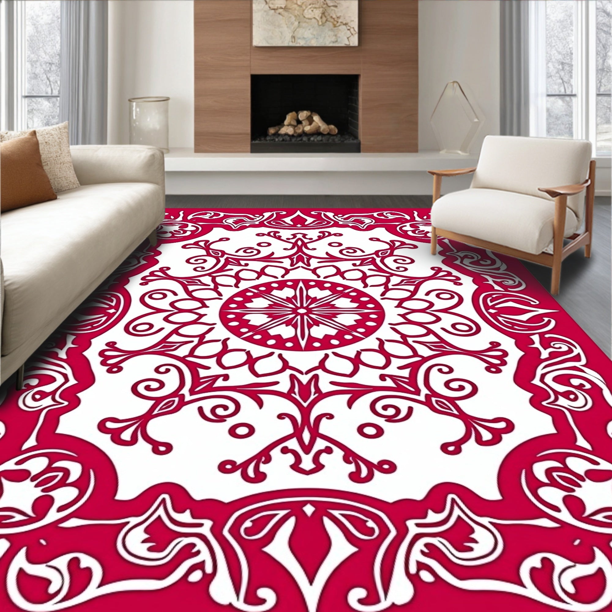 Crimson Intricate Floral Mandala Rug
