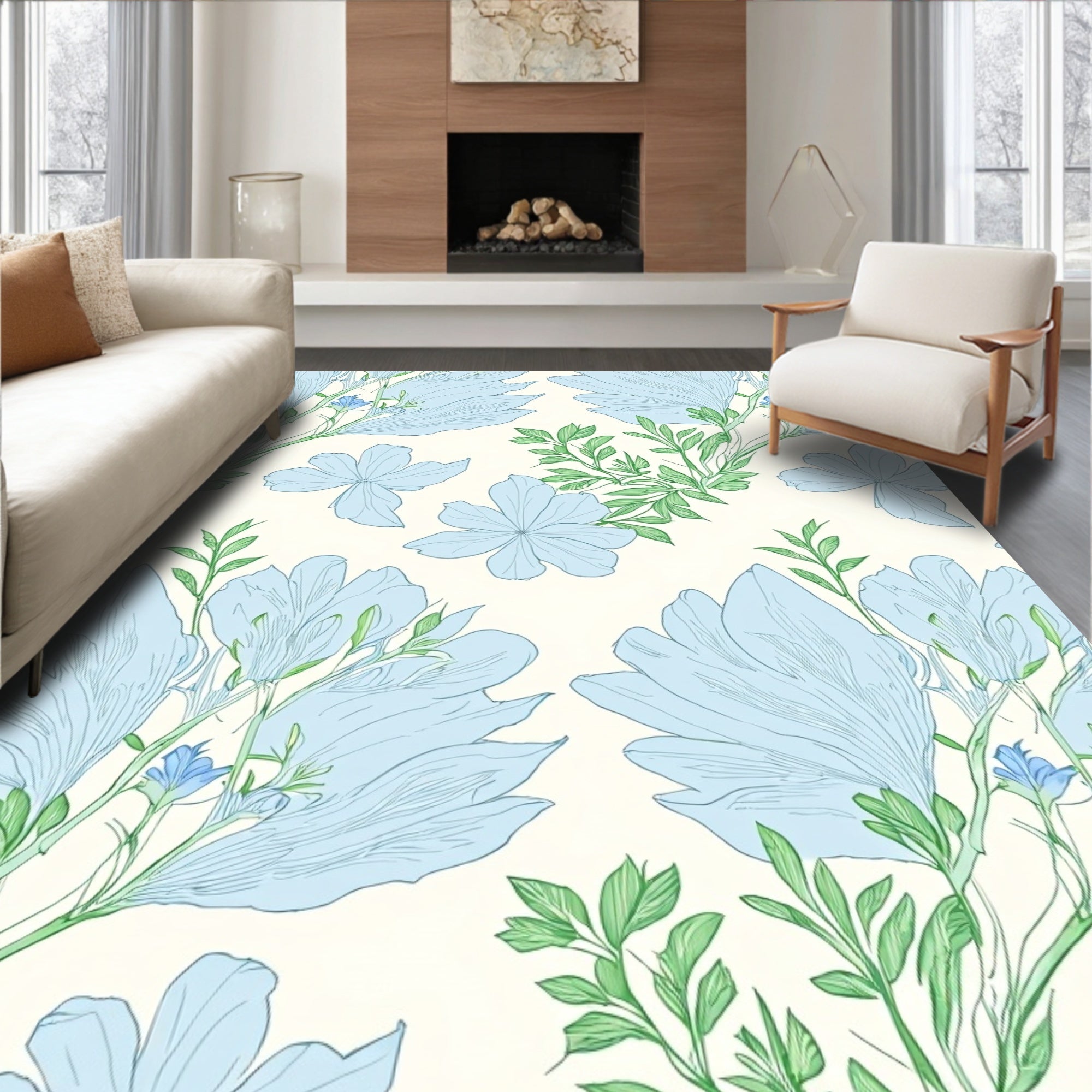 Light Blue Floral Vine Pattern Rug