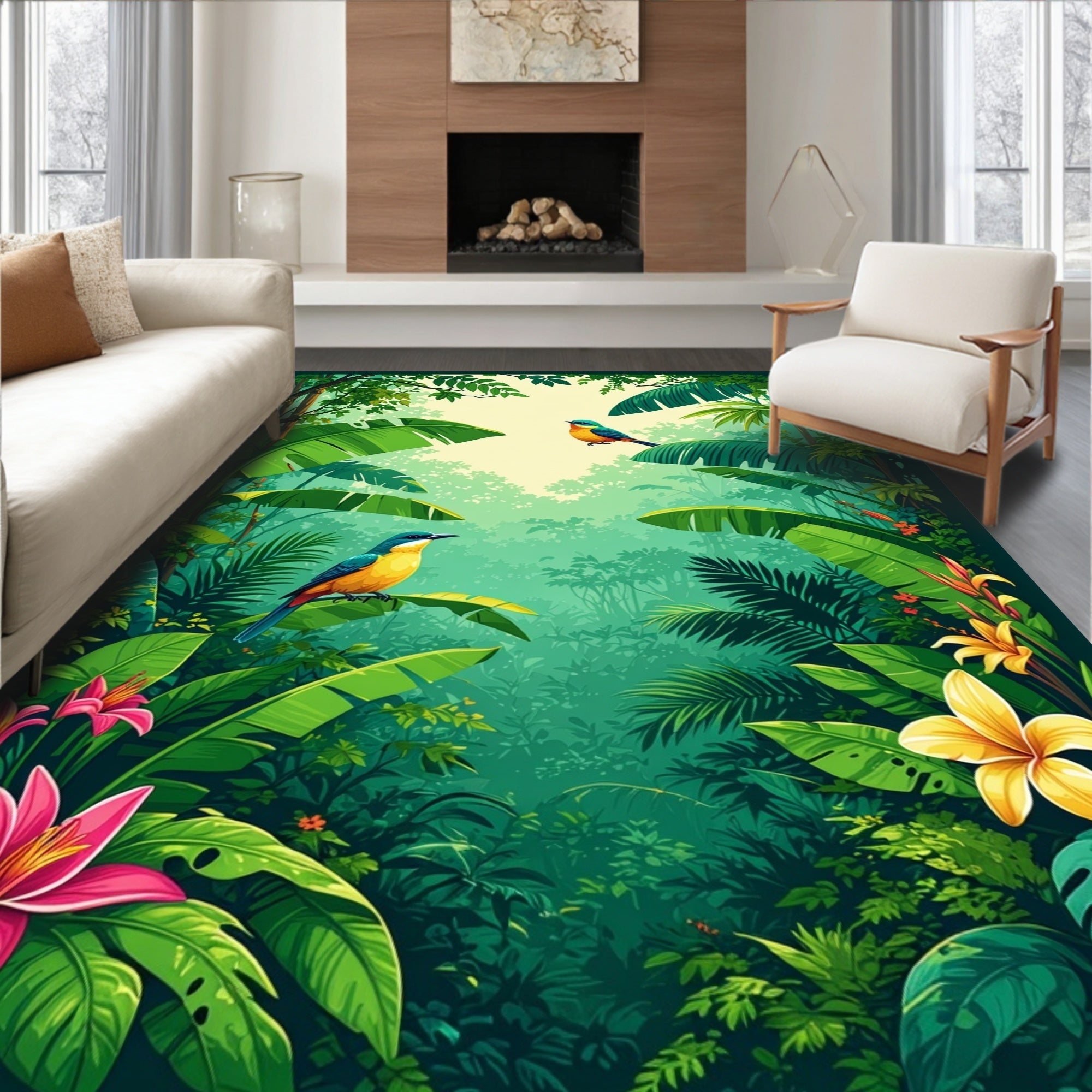 Tropical Birds Lush Jungle Flowers Rug