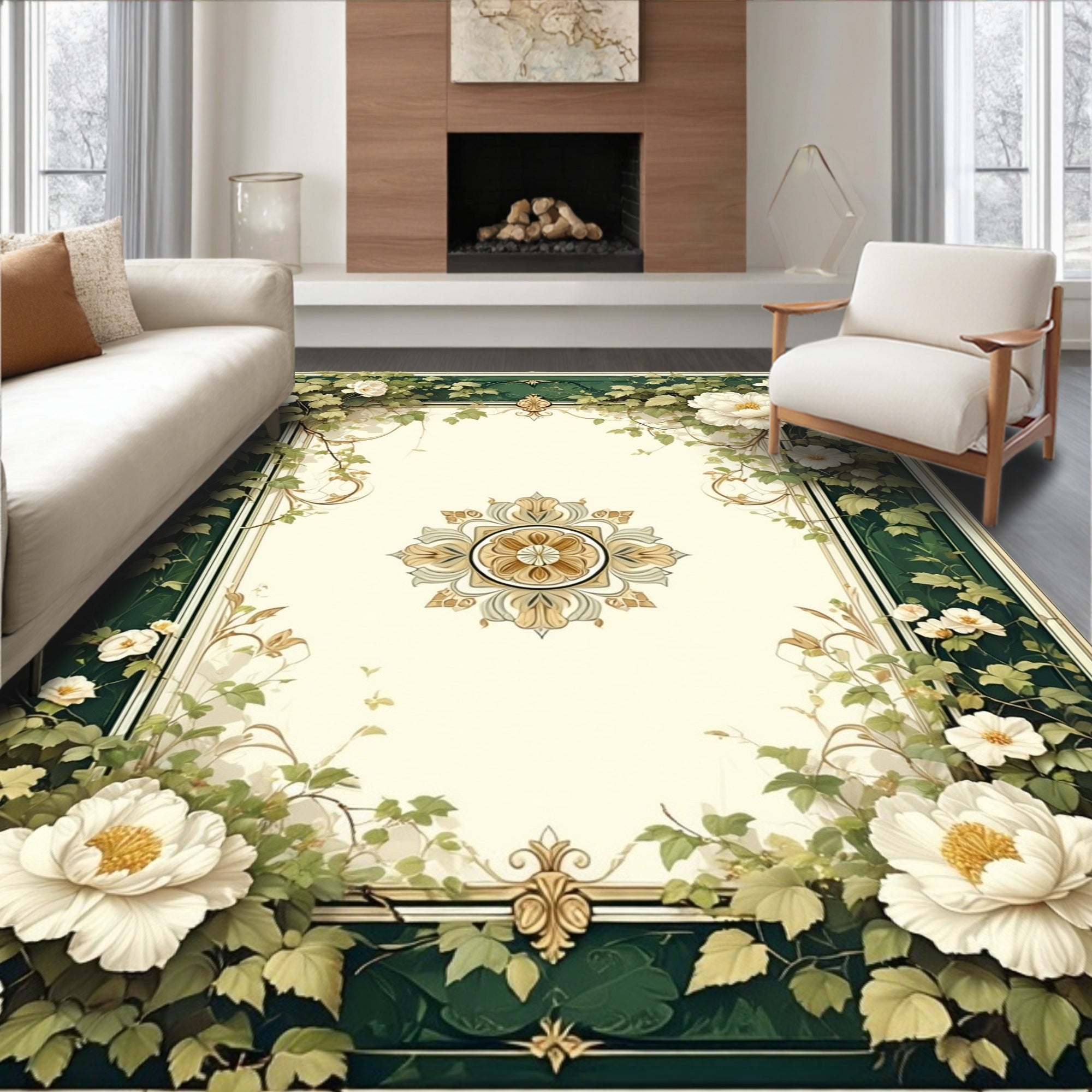 Ornate Floral Vine Cream Green Rug