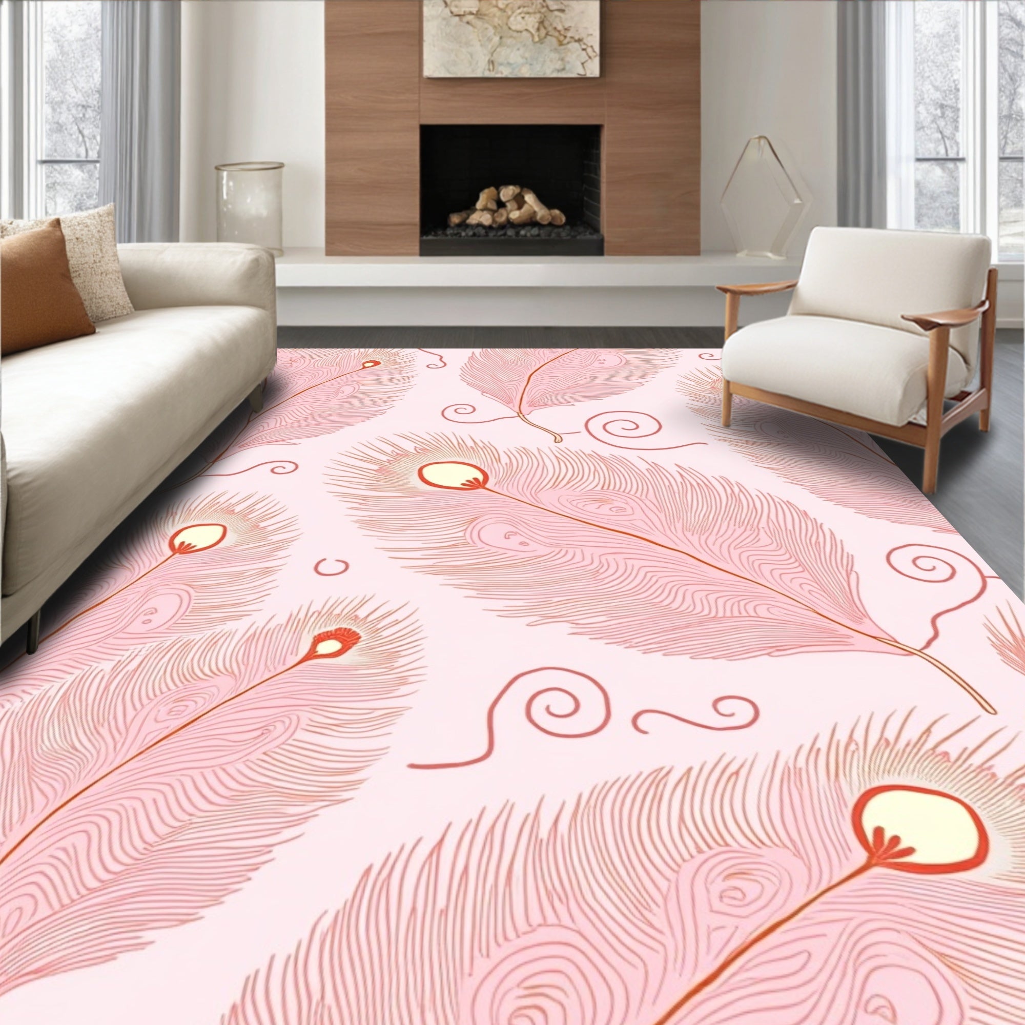 Pink Feather Swirl Pattern Rug