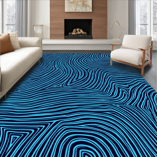 Abstract Blue Wavy Lines Pattern Rug