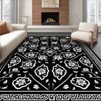 Elegant Floral Vine Black White Rug