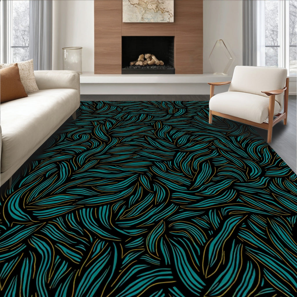 Teal Gold Abstract Flowing Lines Rug