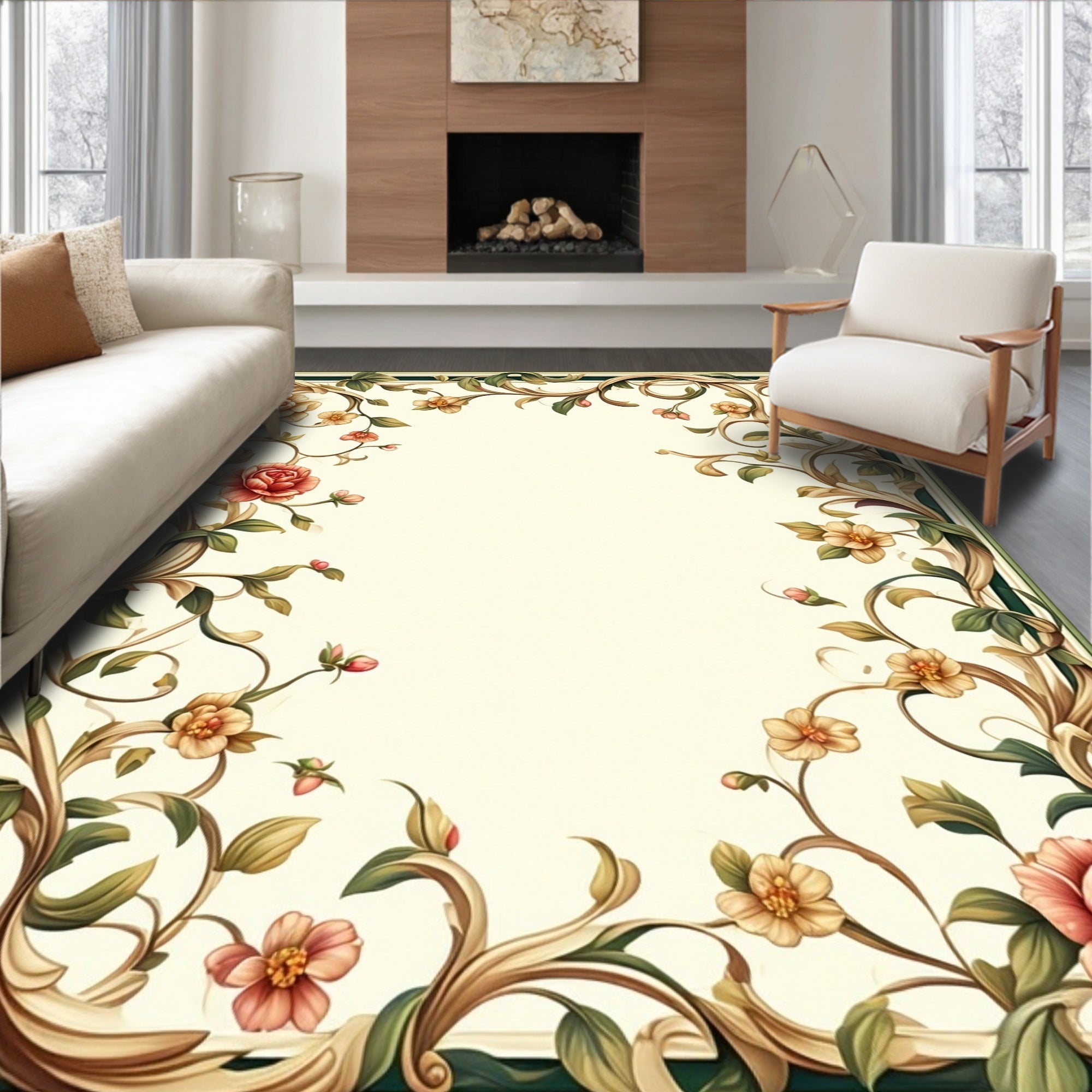 Ornate Floral Vine Scroll Design Rug