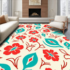 Bold Red Teal Floral Motif Rug