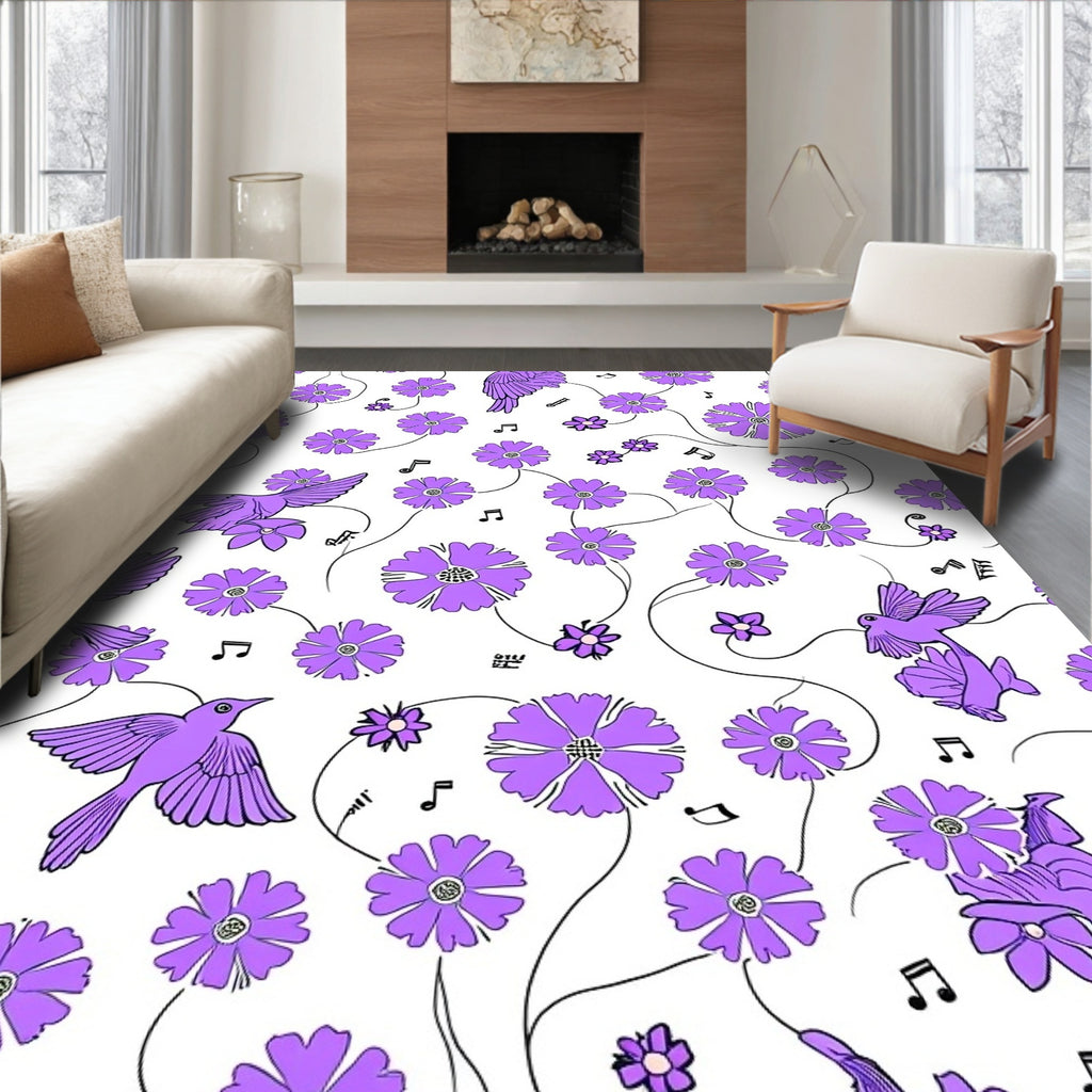 Purple Bird Flower Musical Pattern Rug