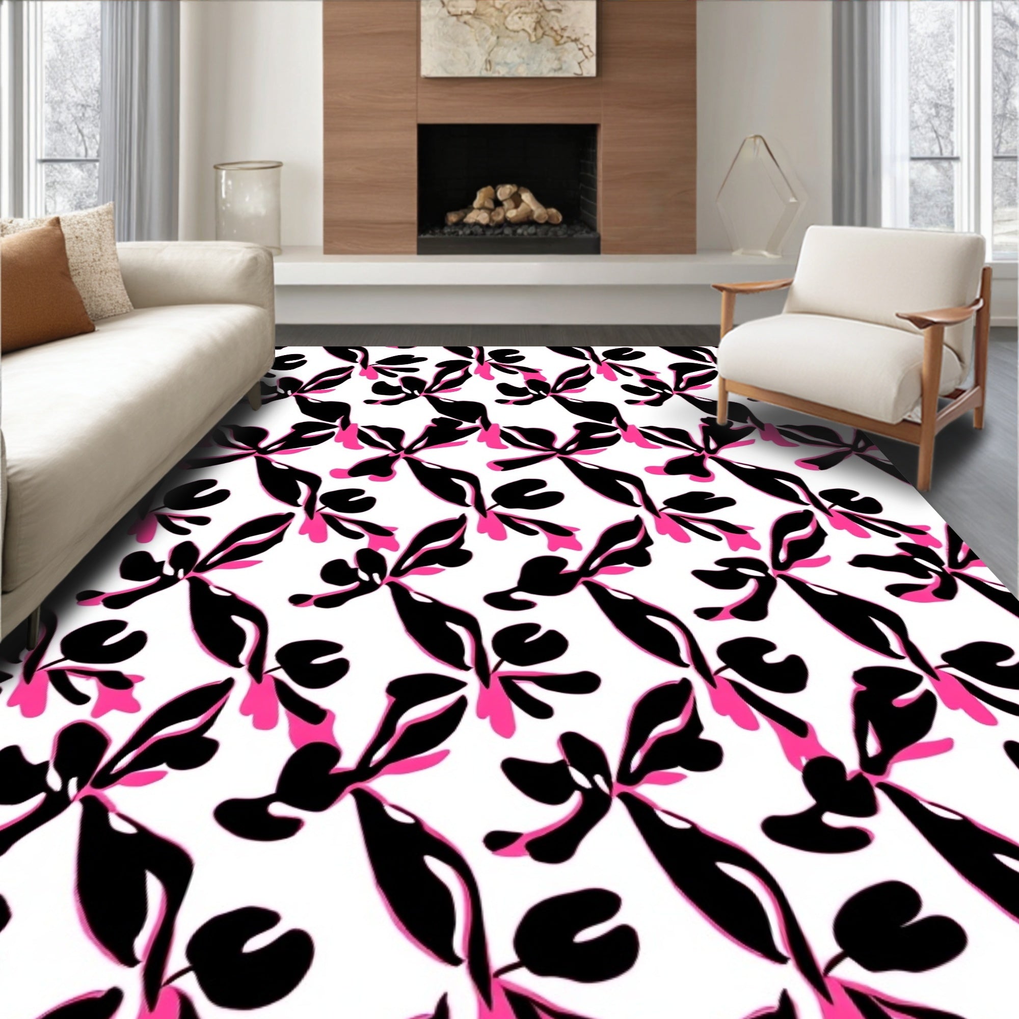 Abstract Black Pink Floral Pattern Rug