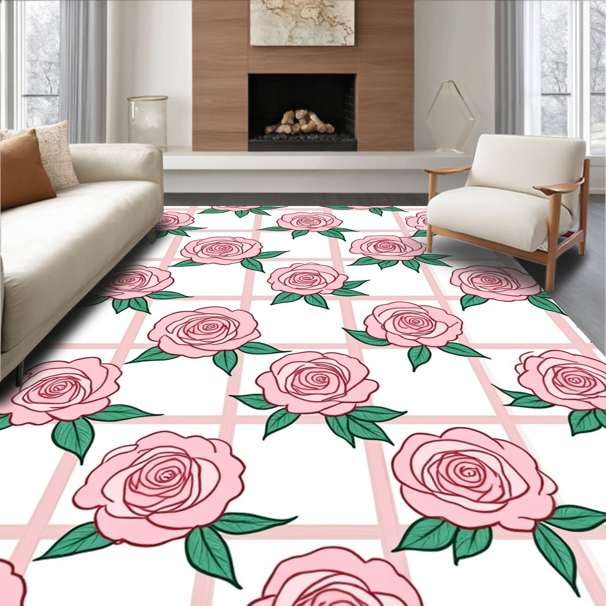 Rose Grid Floral Pattern Rug