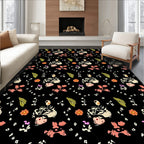 Whimsical Floral Swirl Doodle On Black Rug