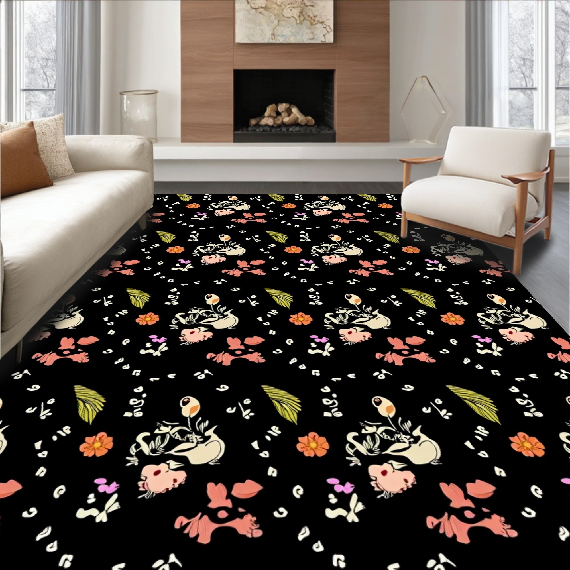 Whimsical Floral Swirl Doodle On Black Rug