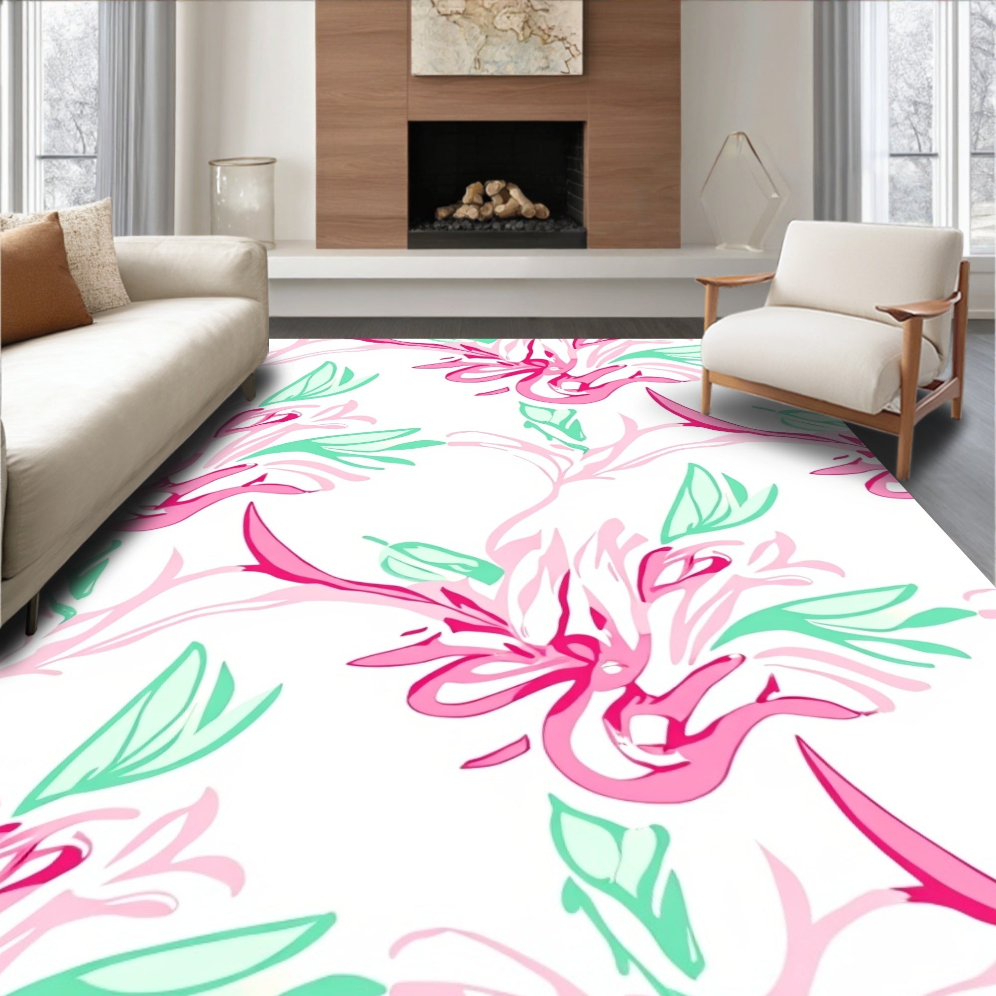 Pink Teal Floral Swirls Pattern Rug