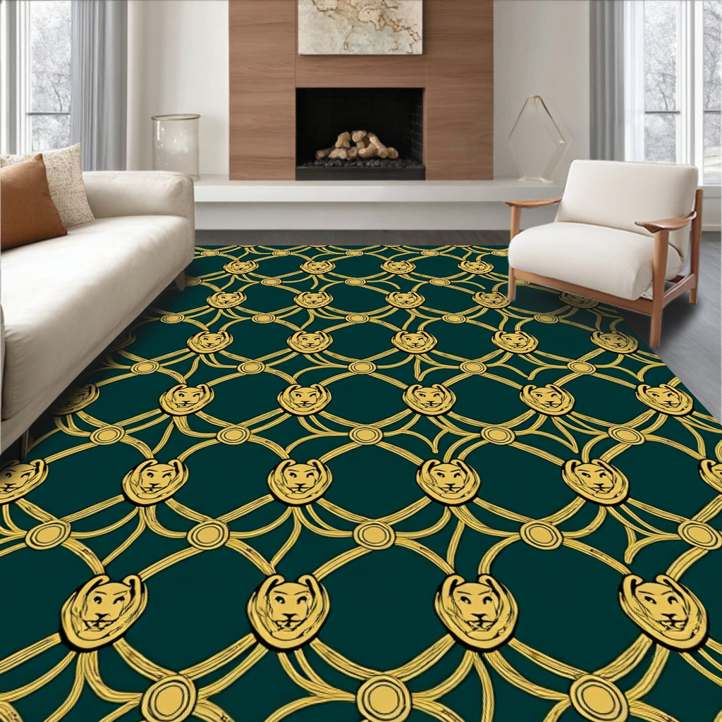 Golden Lion Heads Lattice Pattern Rug
