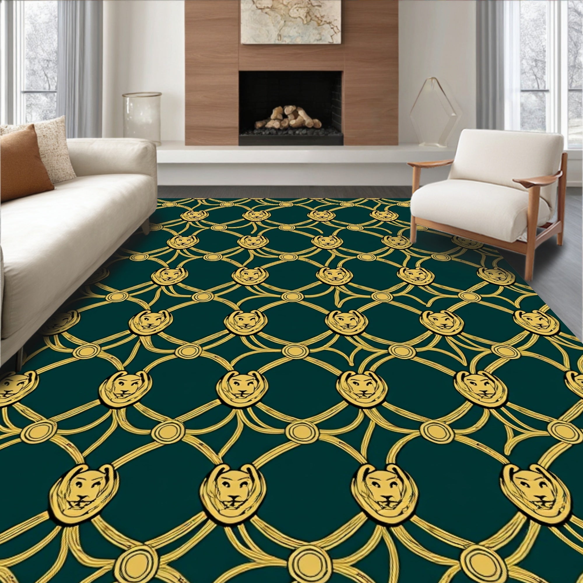 Golden Lion Heads Lattice Pattern Rug