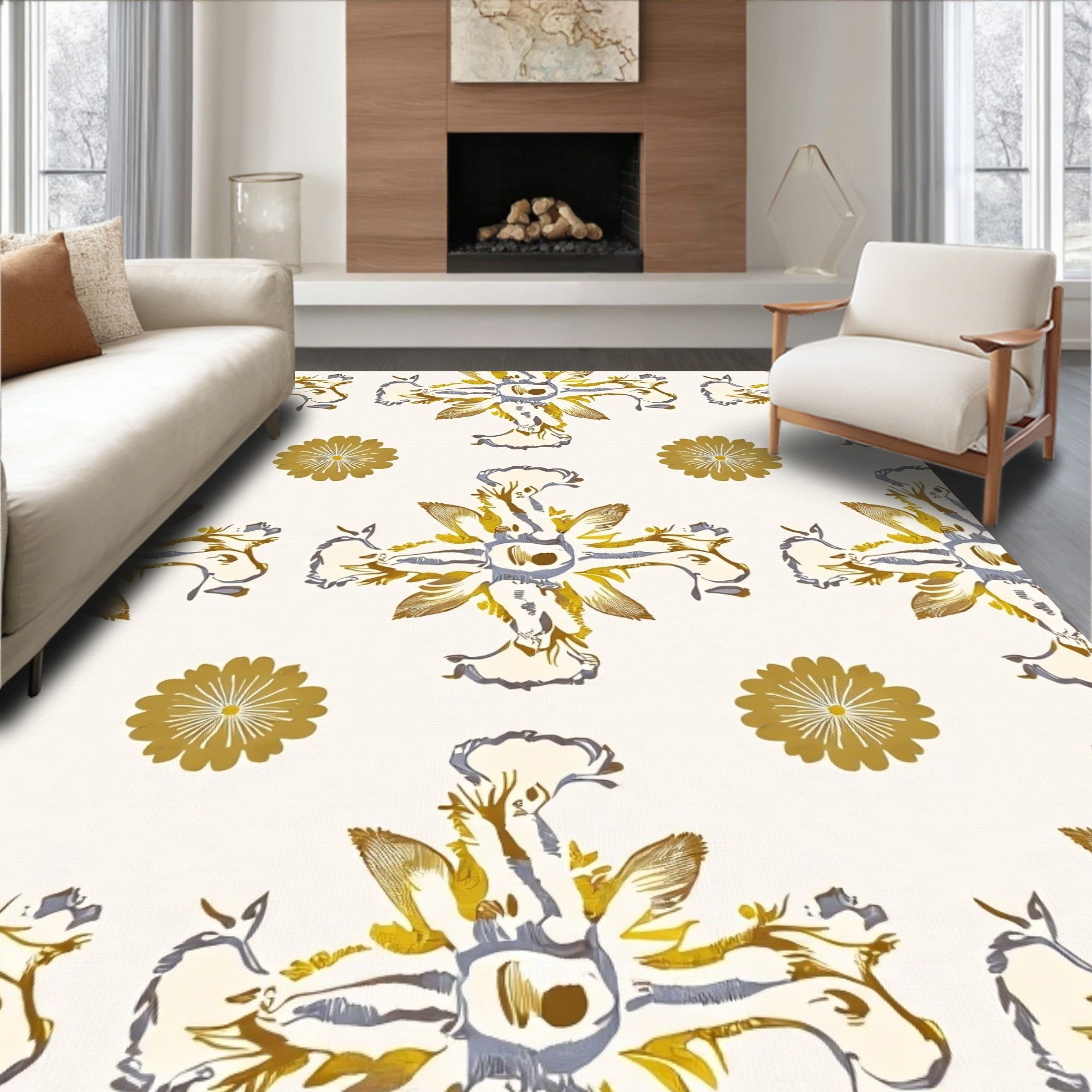 Ornate Golden Floral Pattern Rug