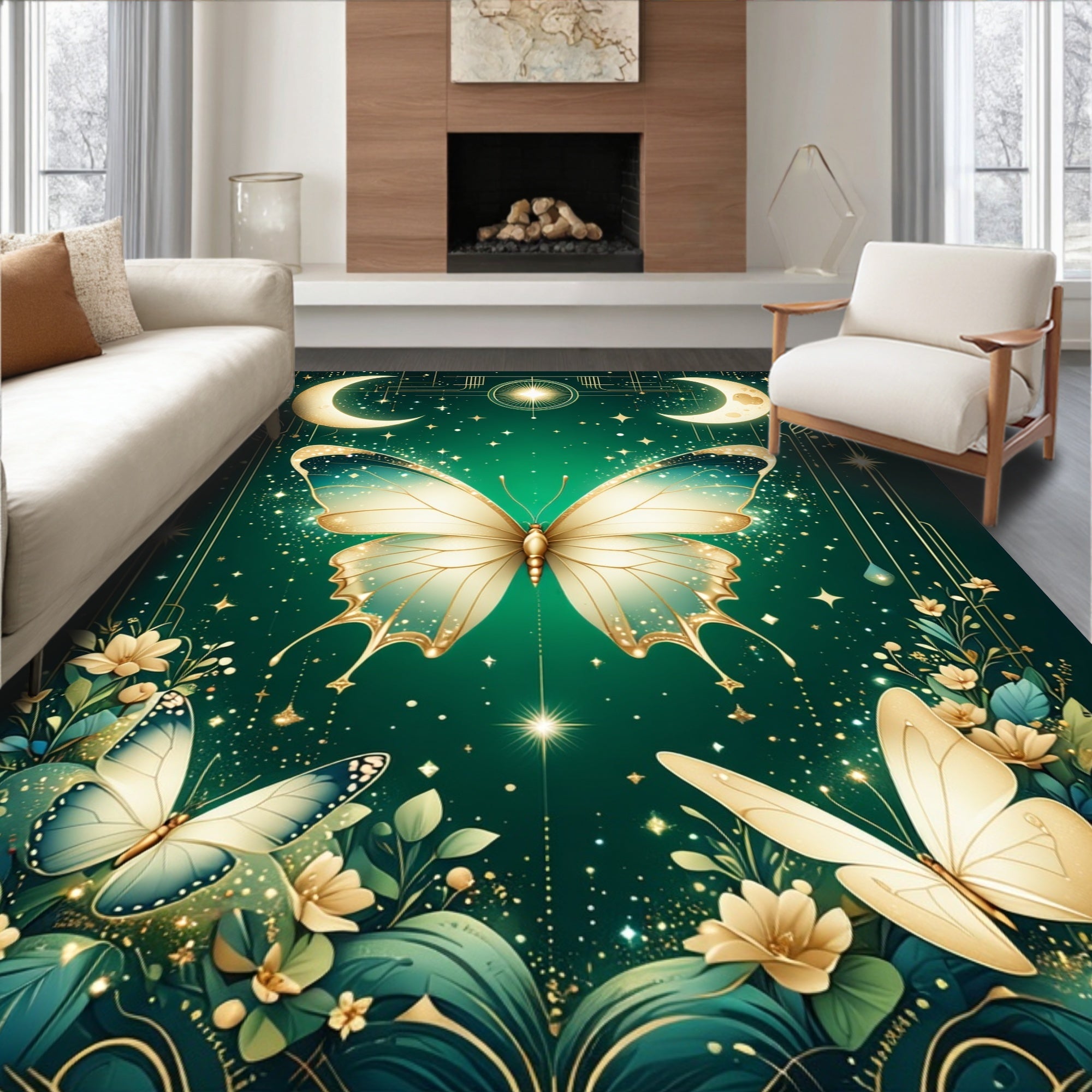 Elegant Emerald ButterflyCelestial Garden Rug
