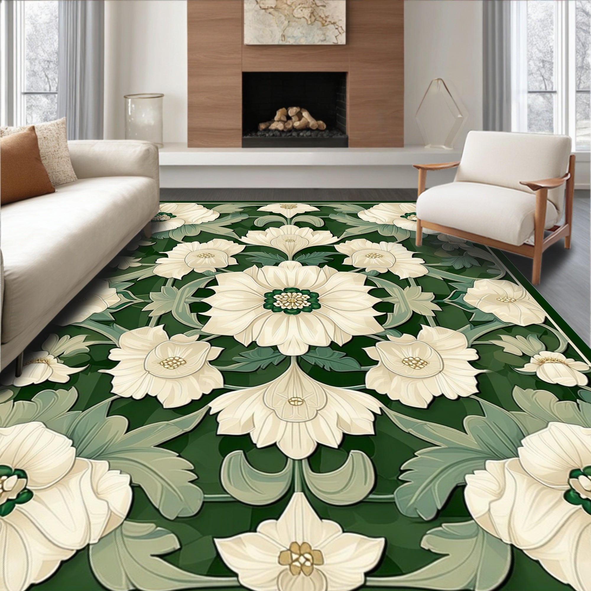 Cream Floral Patterned Art Nouveau Rug