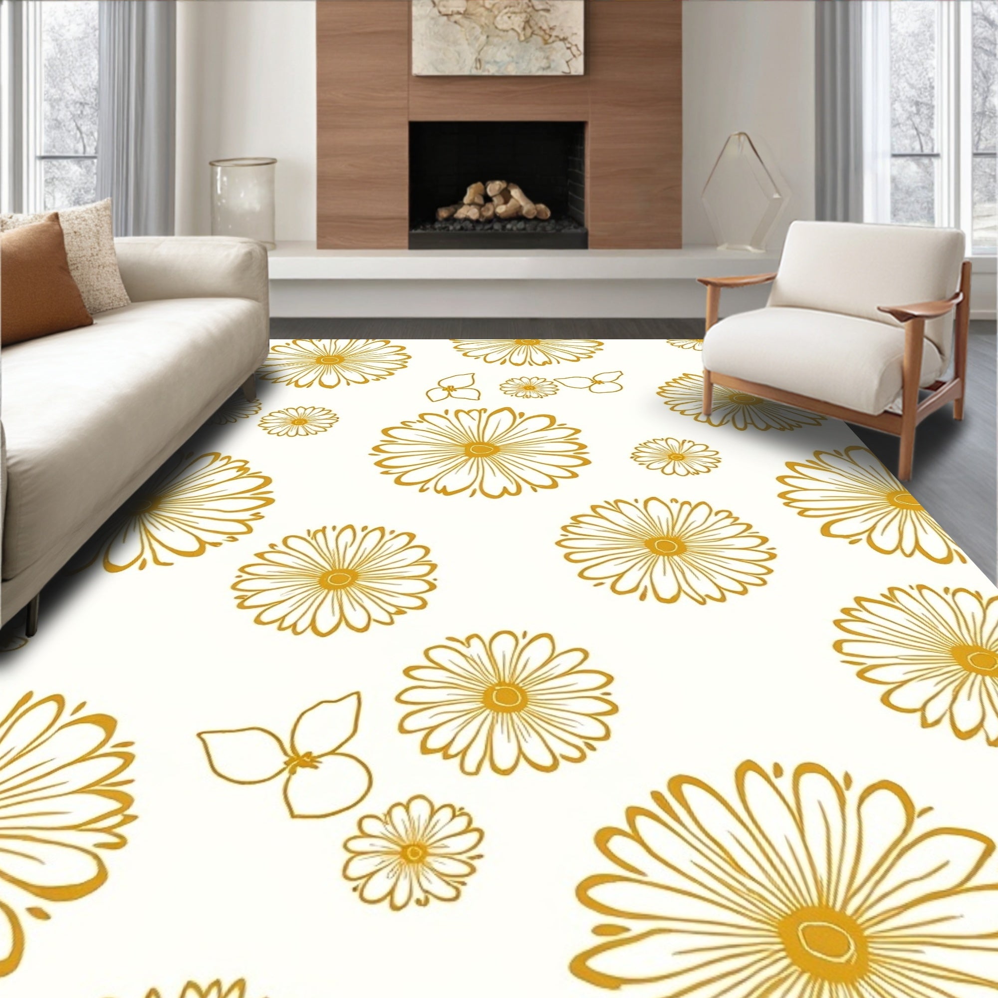 Golden Daisy Floral Pattern Rug