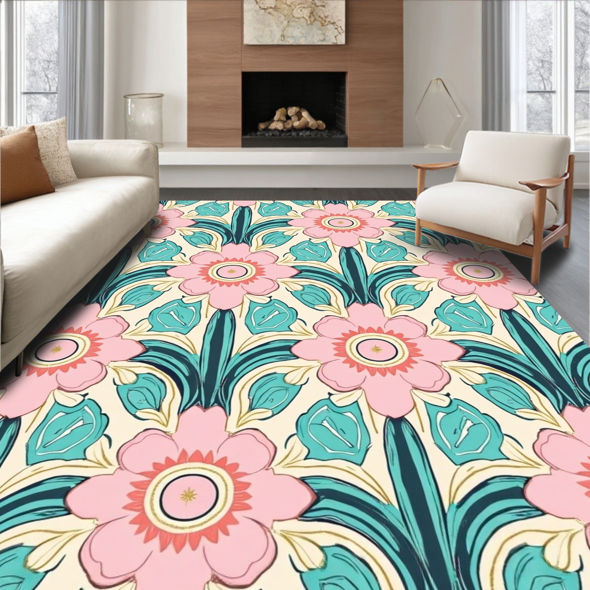 Pretty Pink Floral Art Nouveau Pattern Rug