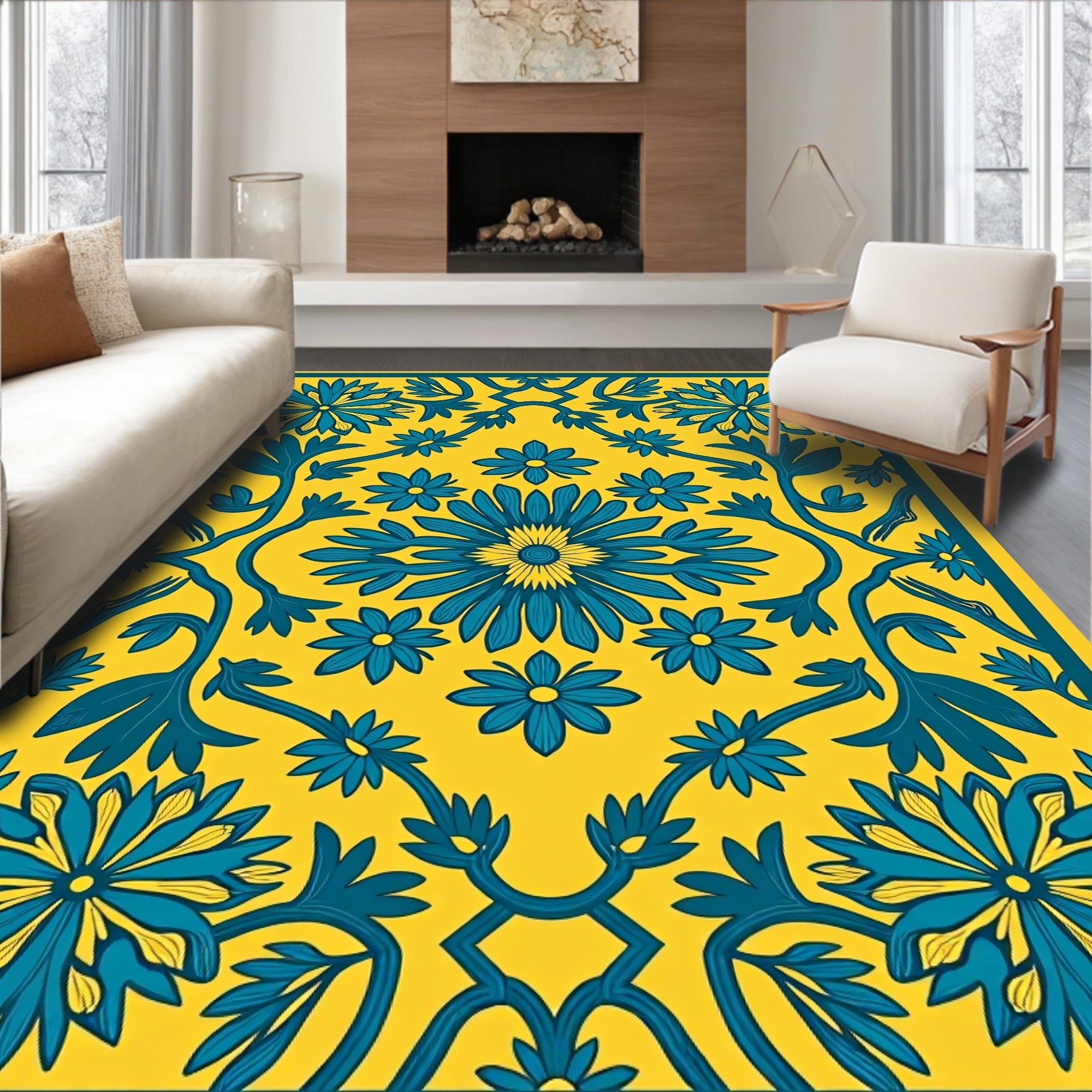 Bold Teal Floral Symmetry Rug