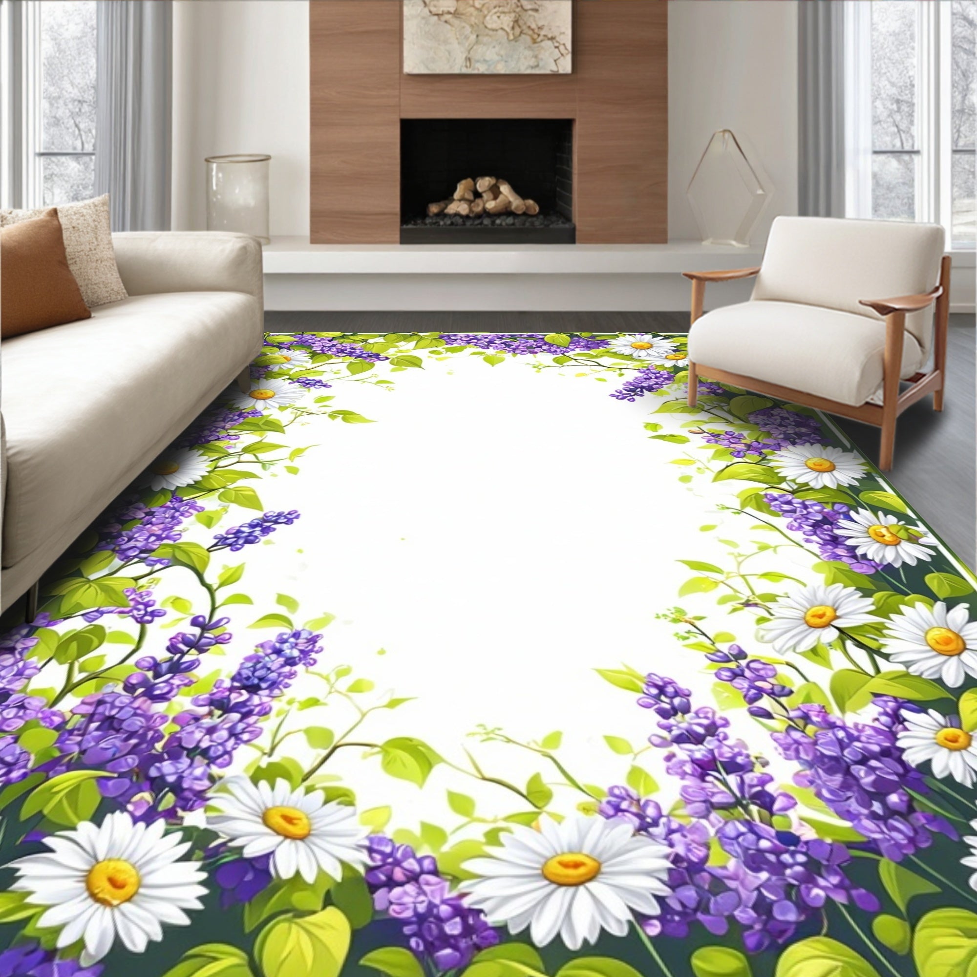 Floral Daisy Lavender Vine Design Rug