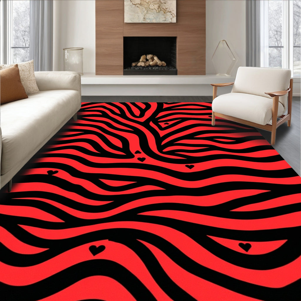 Red Black Zebra Hearts Pattern Rug