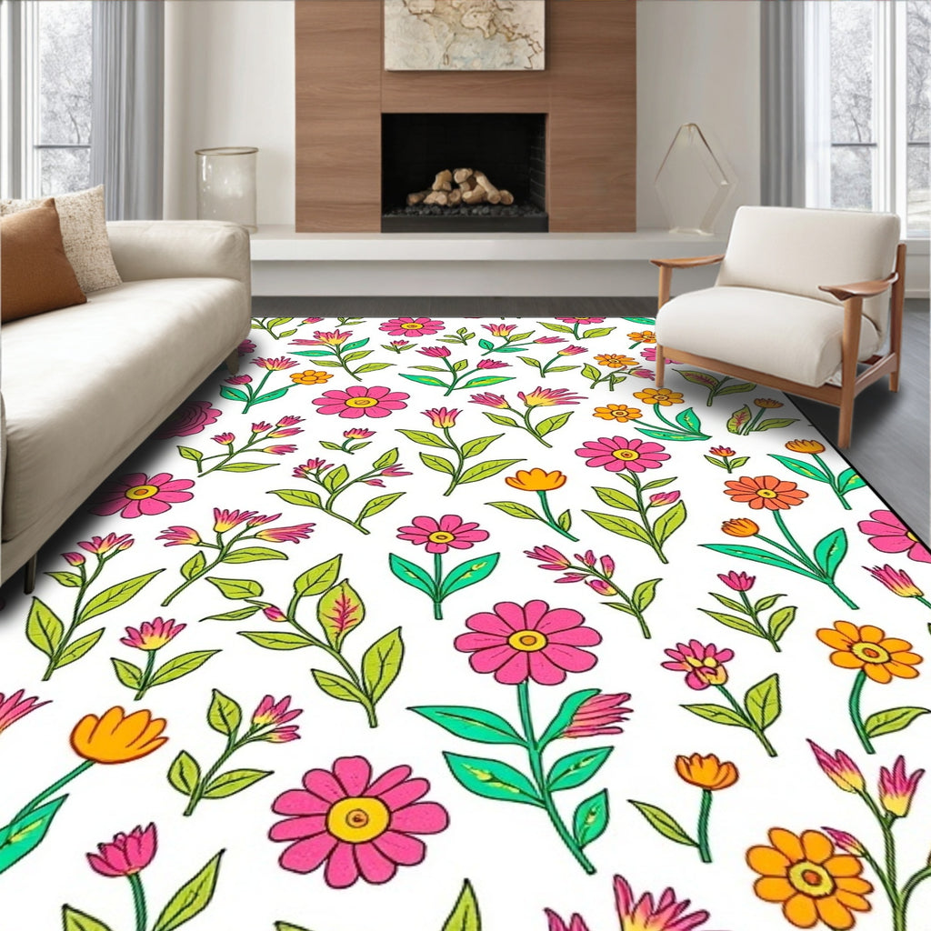 Vibrant Pink and Yellow Floral Pattern Rug