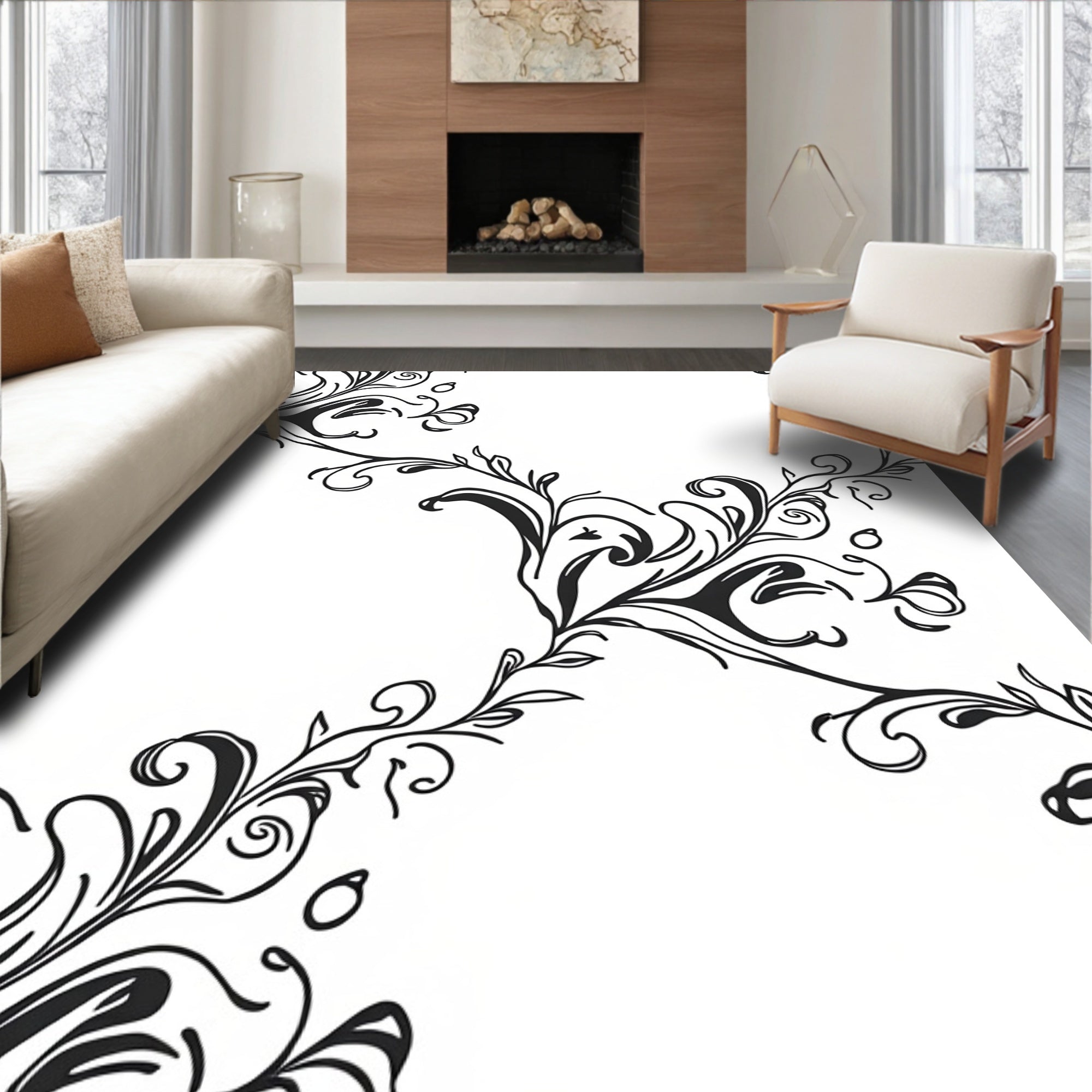 Black White Floral Swirl Design Rug