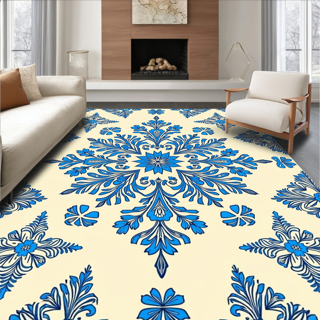 Ornate Floral Damask Blue Pattern Rug