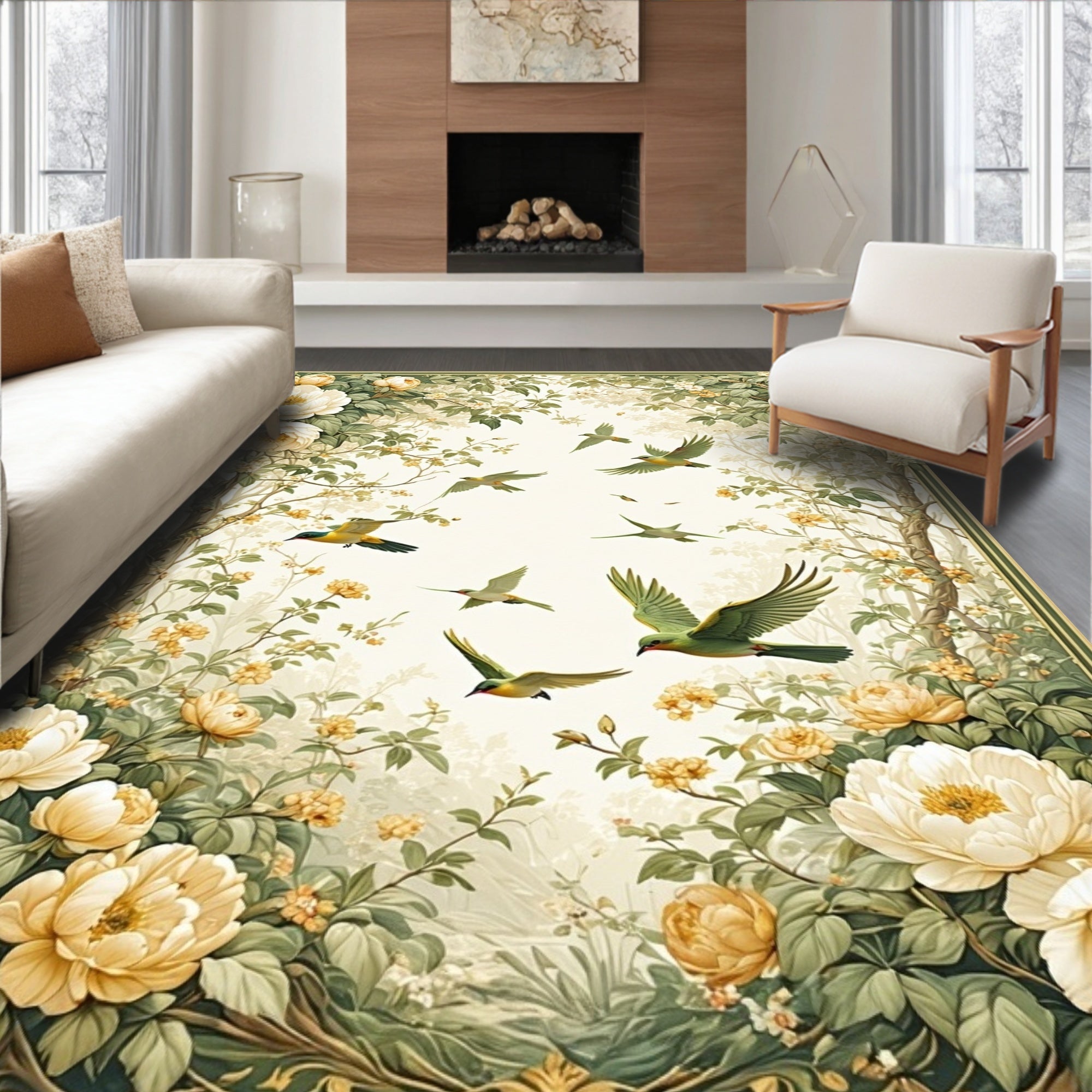 Floral Birds Framed Garden Design Rug