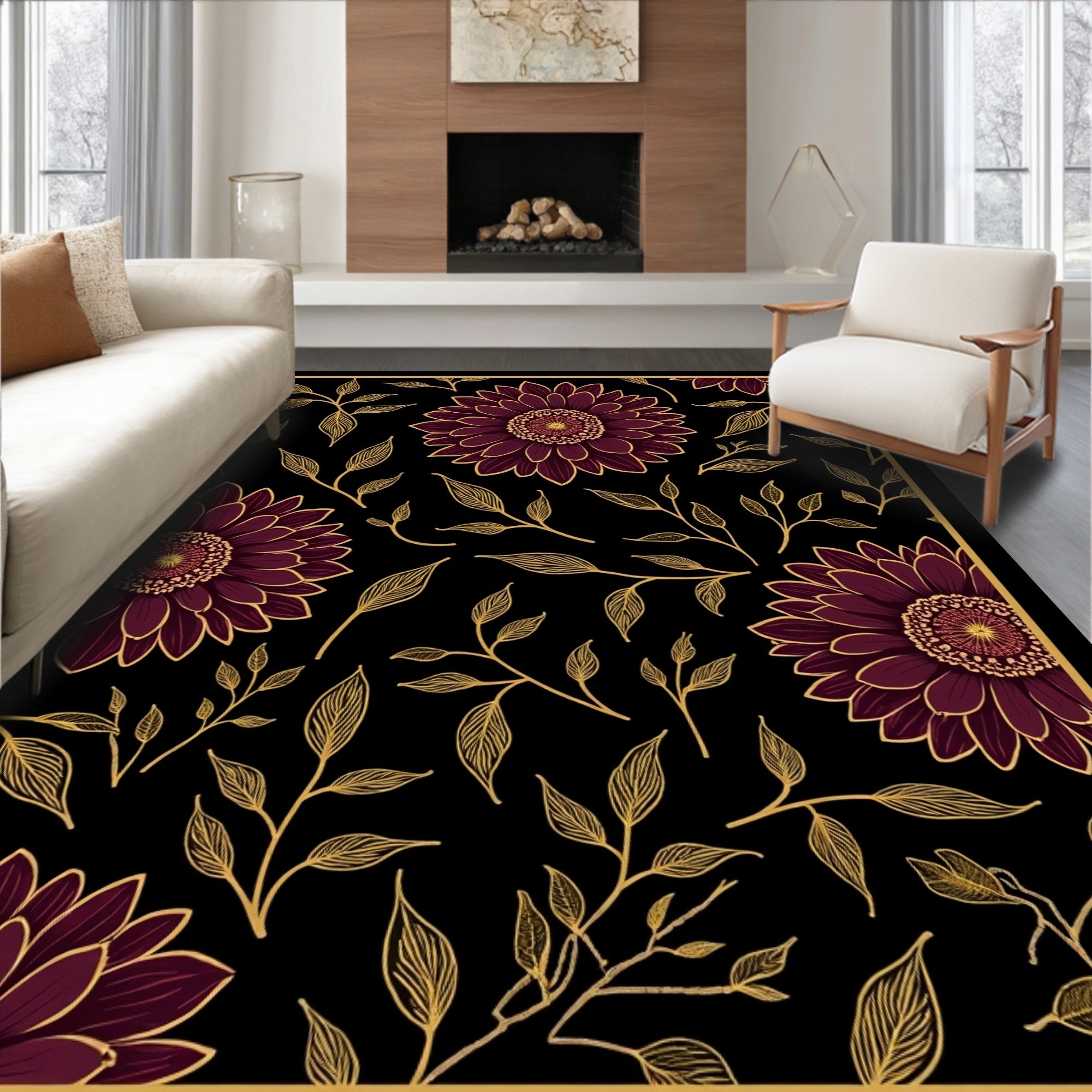Maroon Floral Branches Pattern Rug