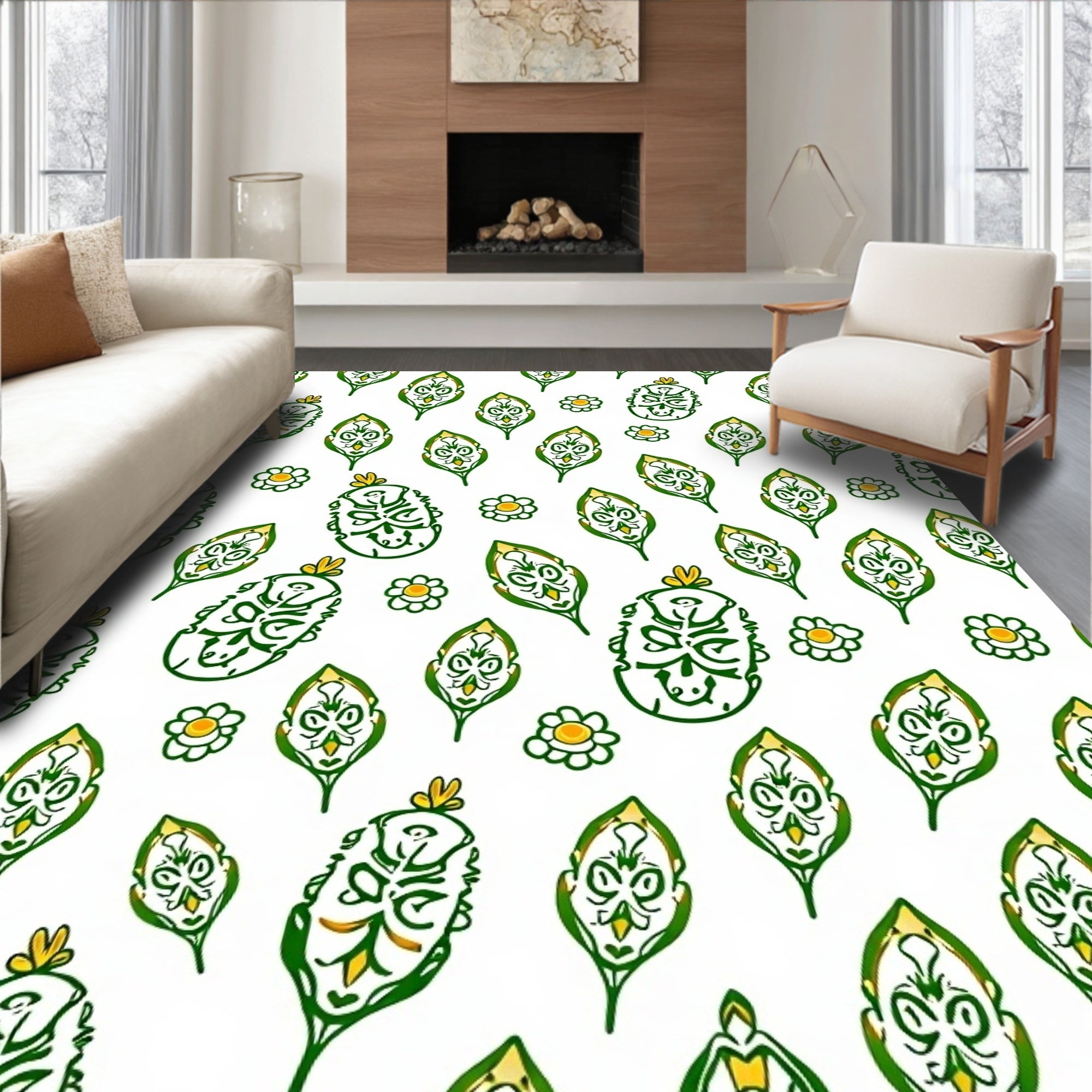 Whimsical Green Leaf Flower Pattern Rug