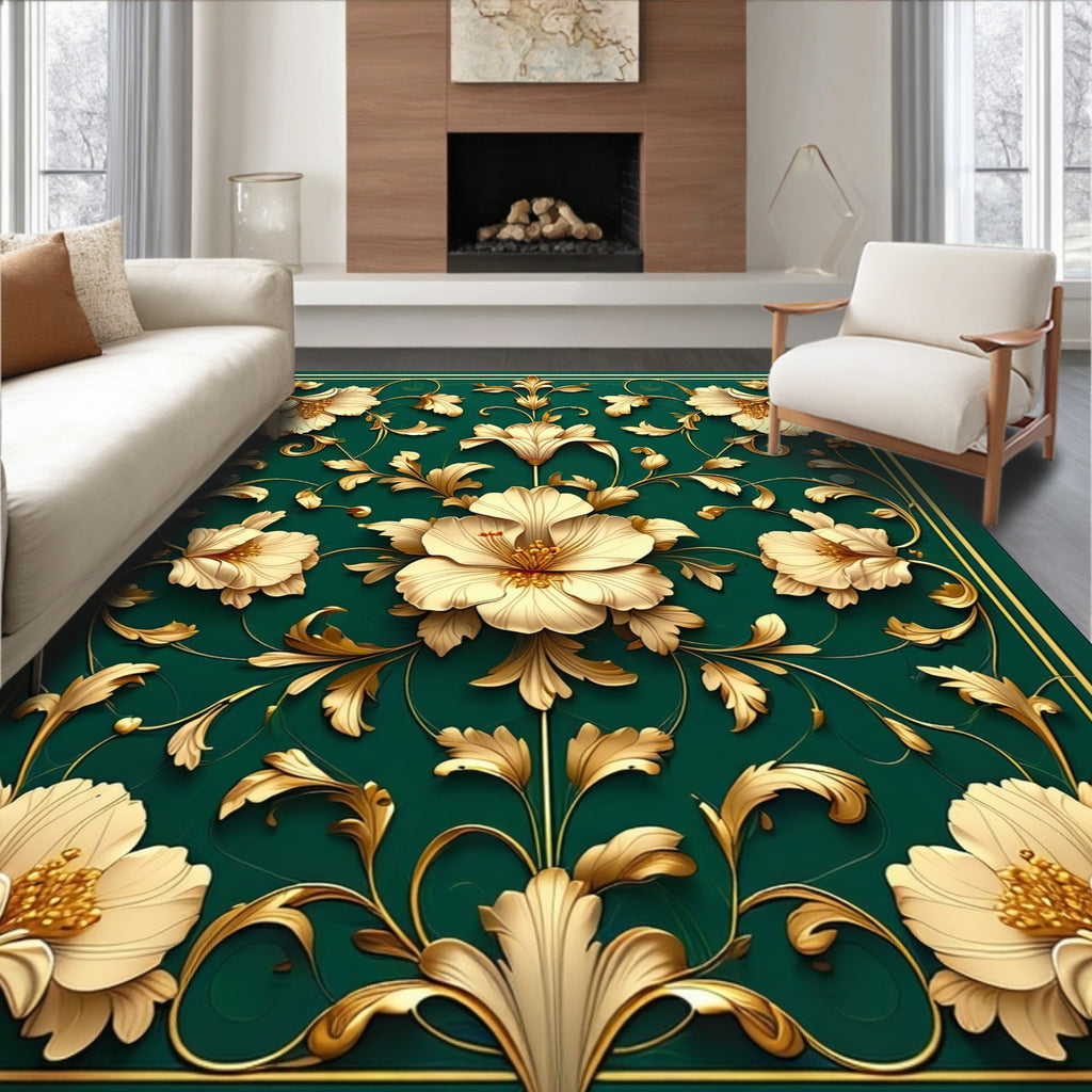 Ornate Gold Floral Embossed Rug