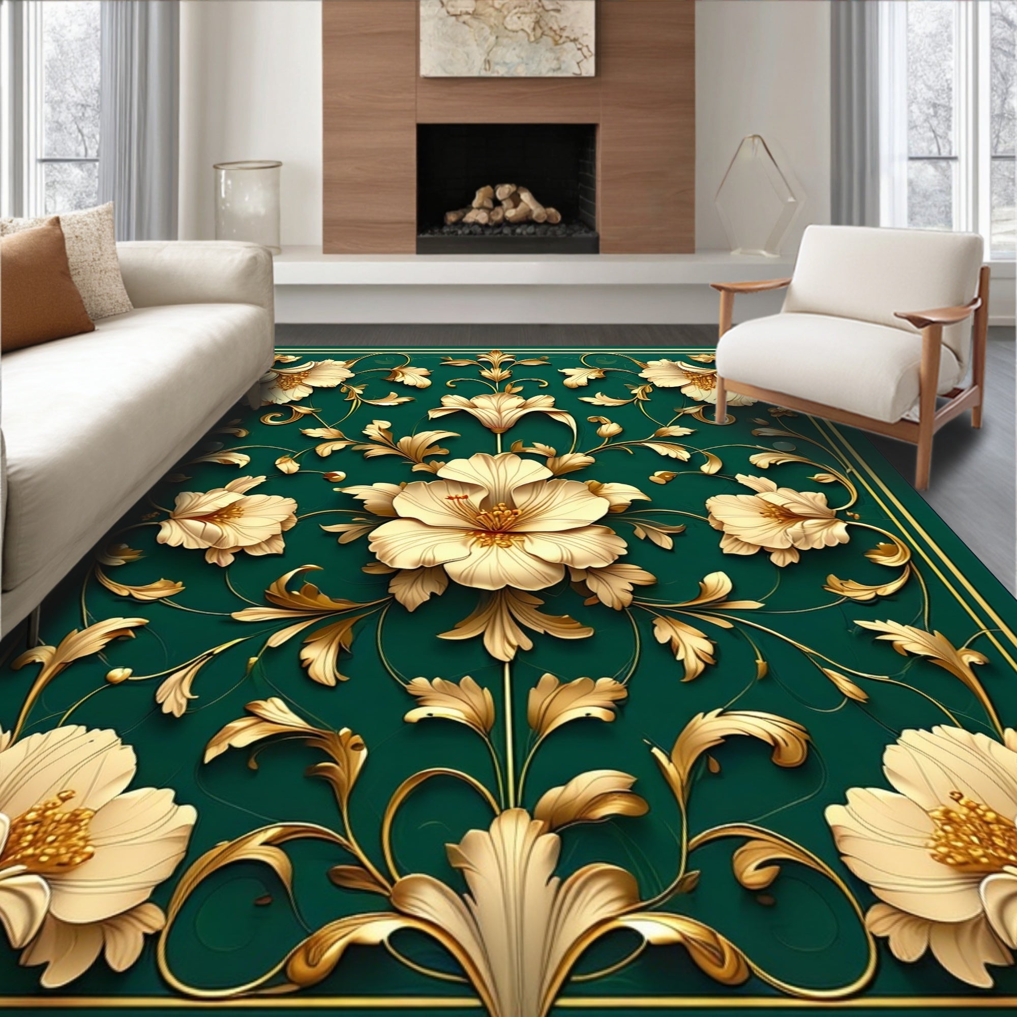 Ornate Gold Floral Embossed Rug
