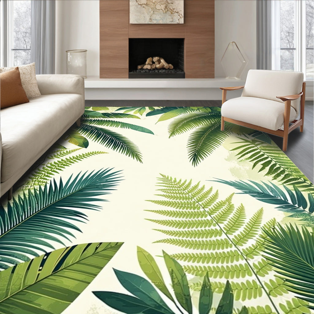 Lush Green Tropical Leaf Pattern Rug