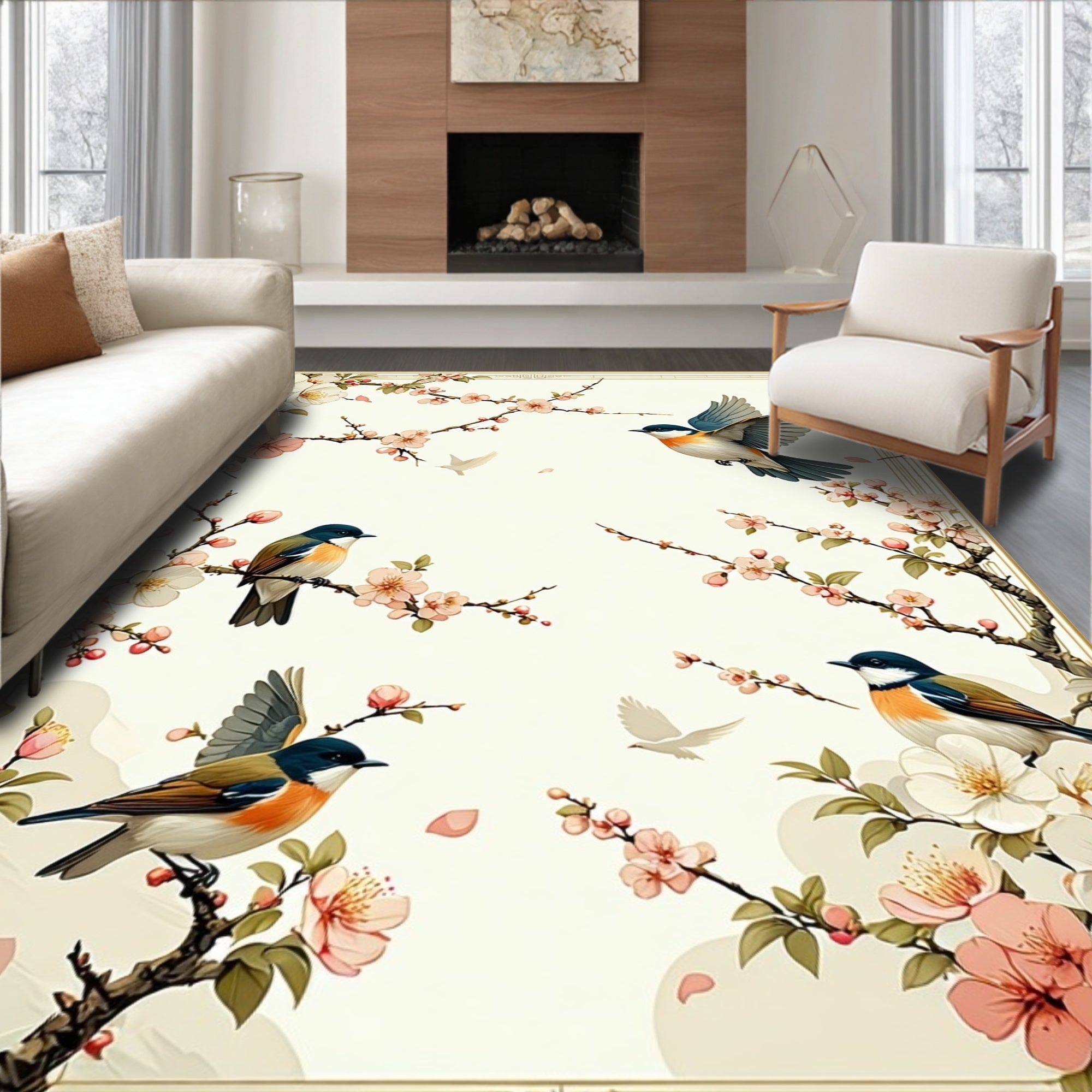 Charming Birds Blossom Branch Design Rug