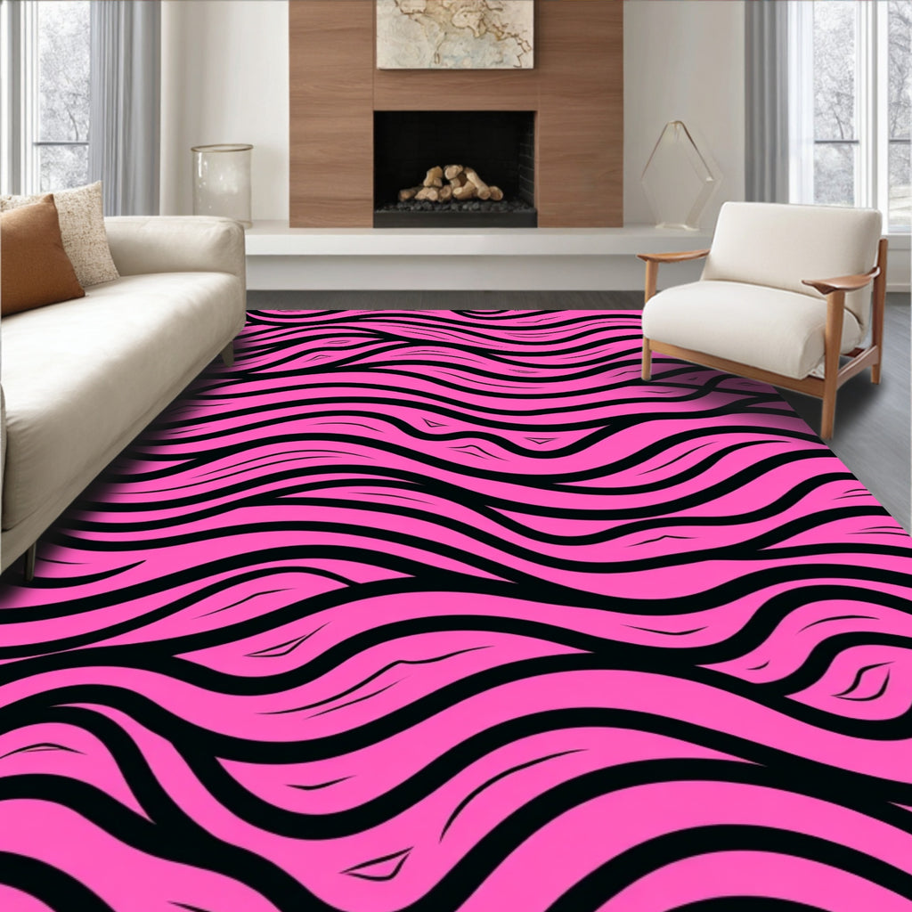 Vibrant Pink Black Wavy Lines Design Rug