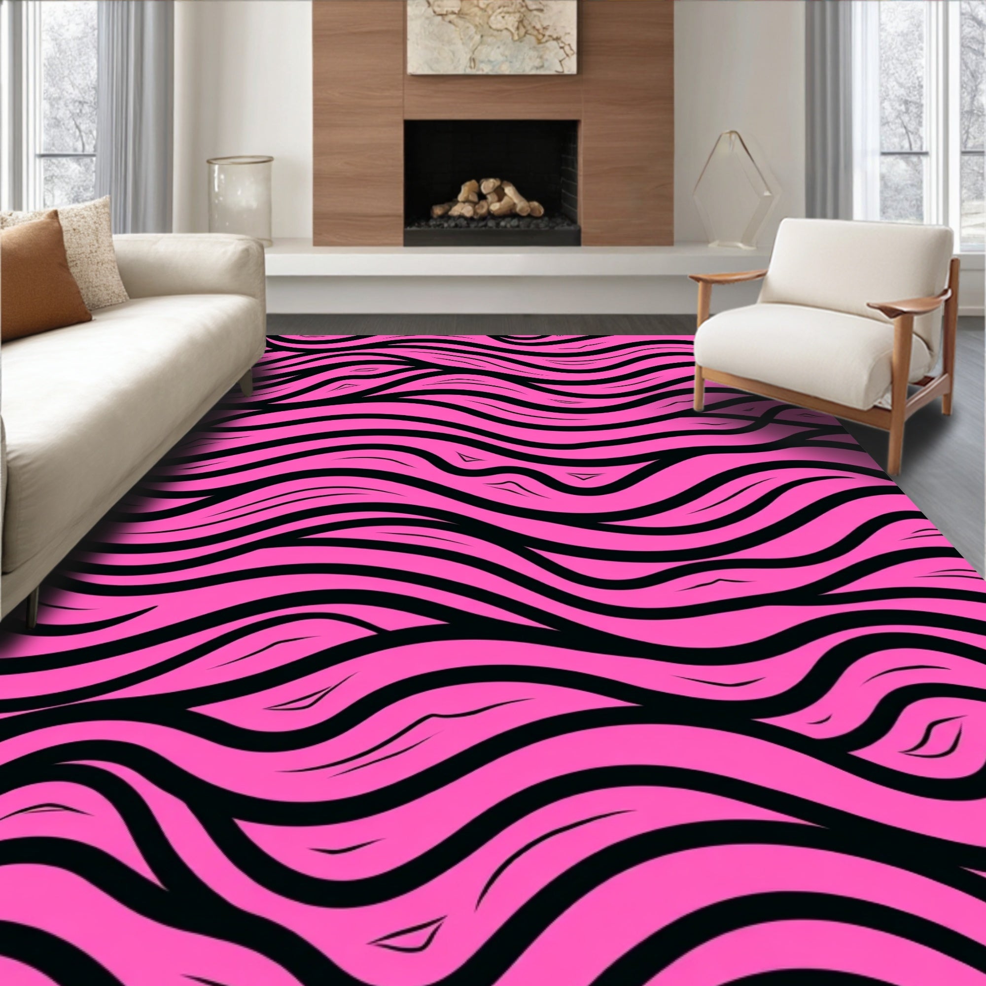 Vibrant Pink Black Wavy Lines Design Rug