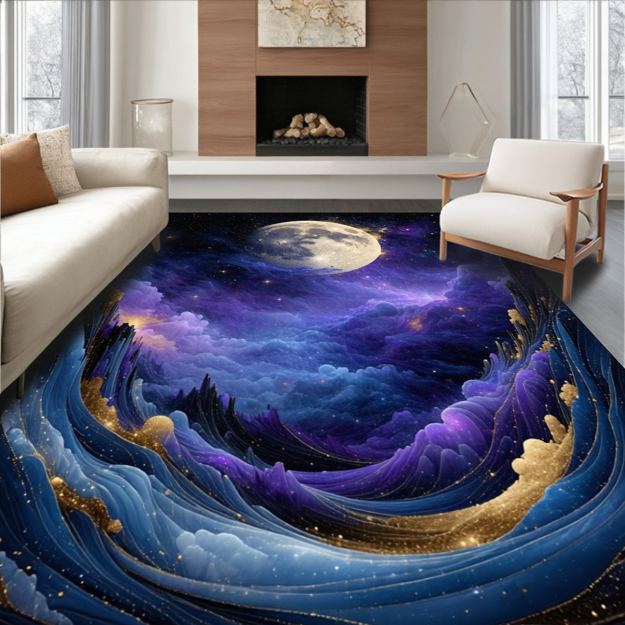 Cosmic Moonlit Galaxy Waves Rug