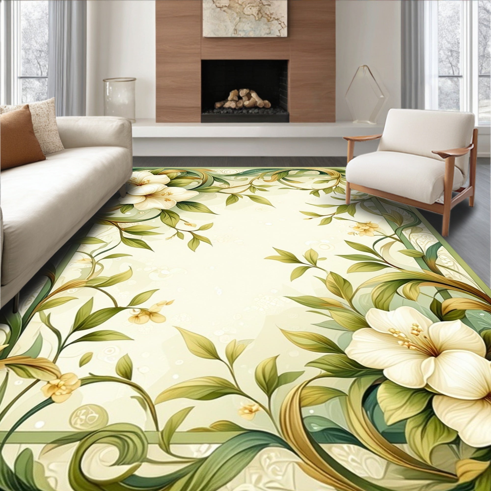 Elegant Floral Leaf Border Design Rug