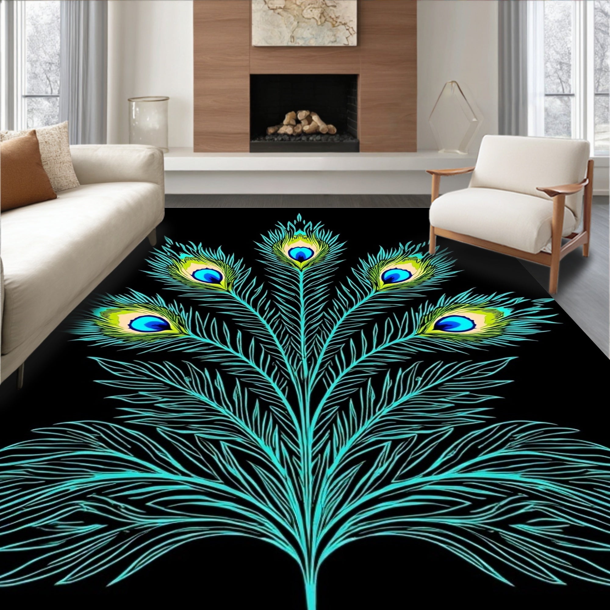 Turquoise Peacock Feather Pattern Design Rug