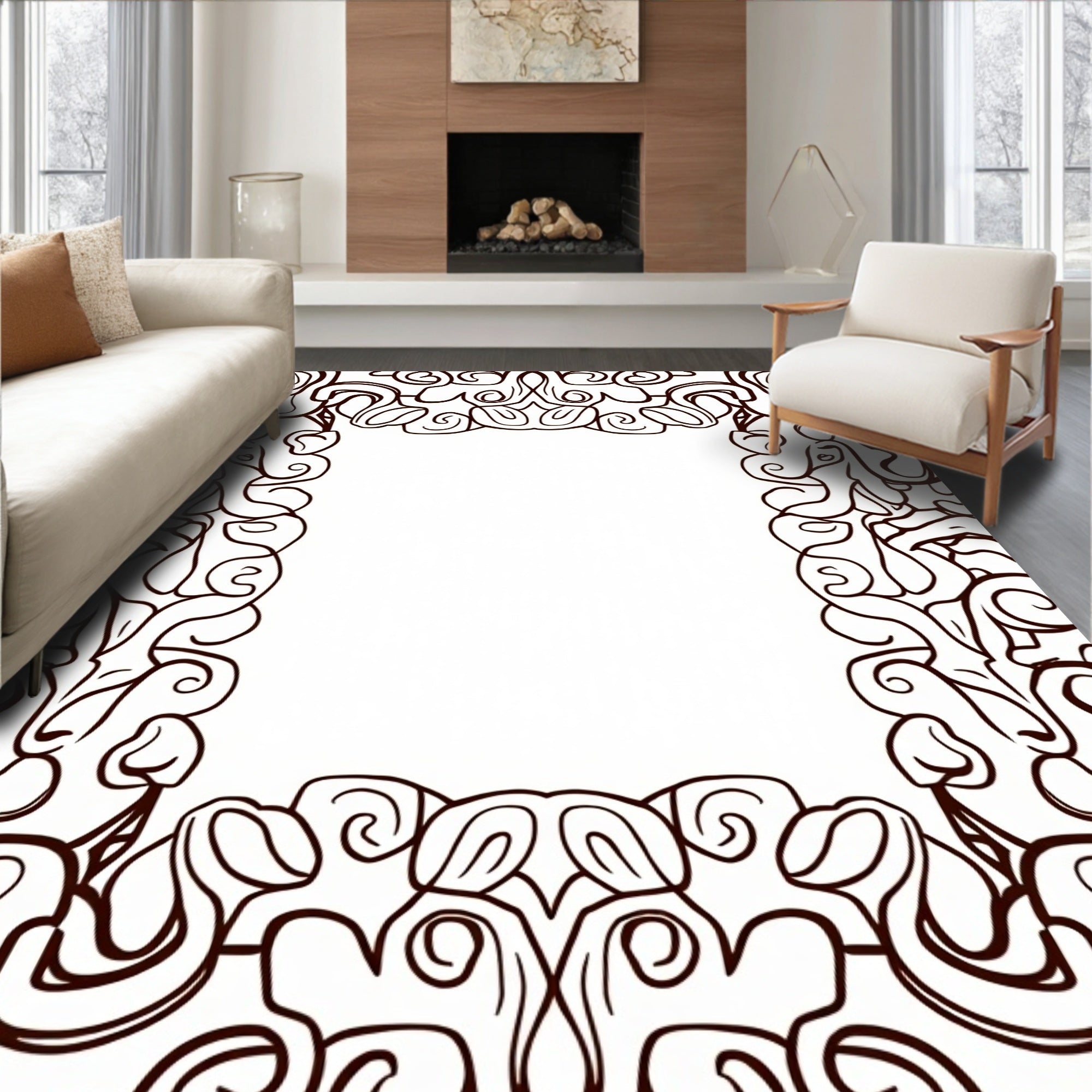 Ornate Abstract Paisley Border Design Rug