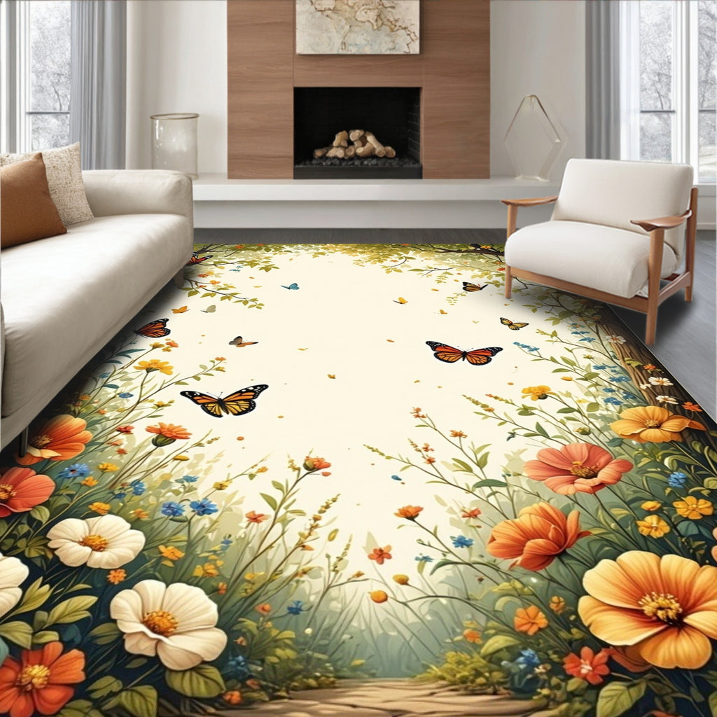 Whimsical Butterflies Floral Meadow Design Rug