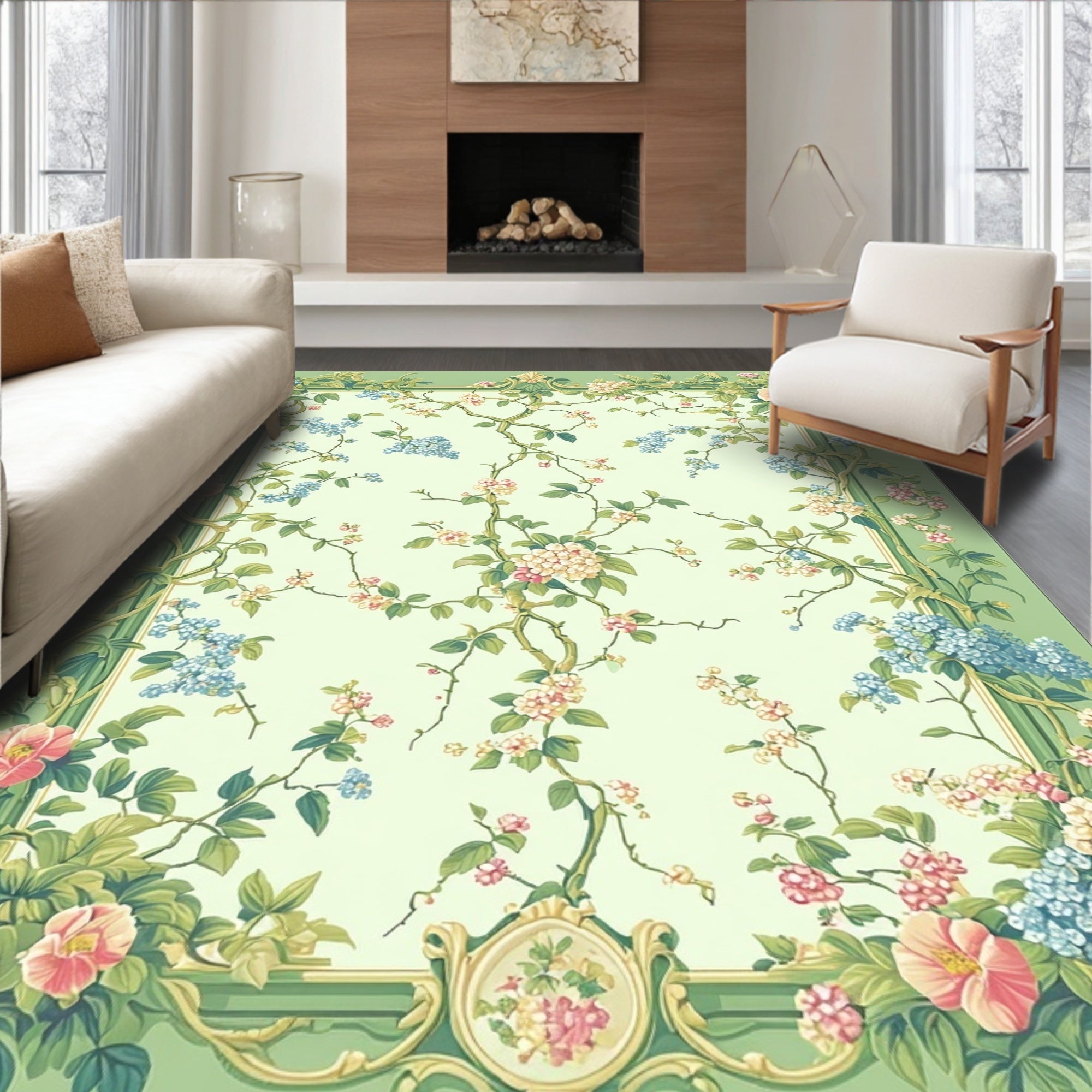 Vine Floral Pastel Botanical Swirl Design Rug